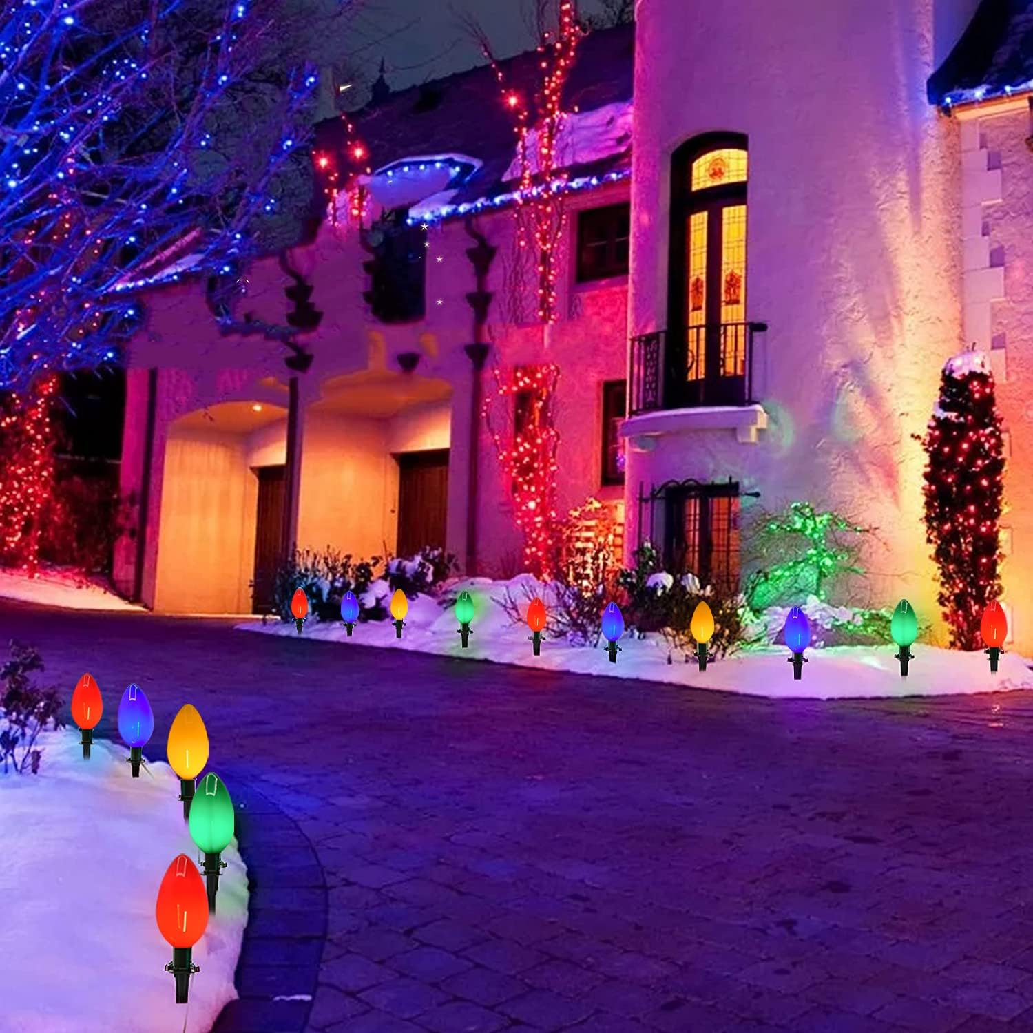 C9 – Luces LED multicolor para Navidad, 1 paquete de 7 pies con 4 luces LED multicolor con 4 estacas, impermeable, para Navidad, césped, pasarela,