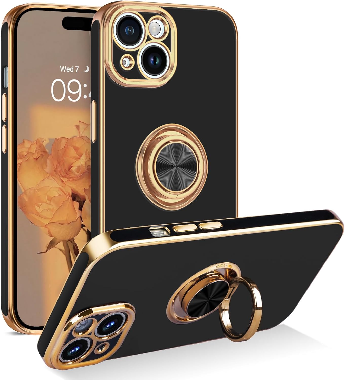 AuroraIce Funda para iPhone 15, iPhone 15, soporte magnético para automóvil compatible con anillo de 360, chapado en TPU suave, a prueba de golpes,