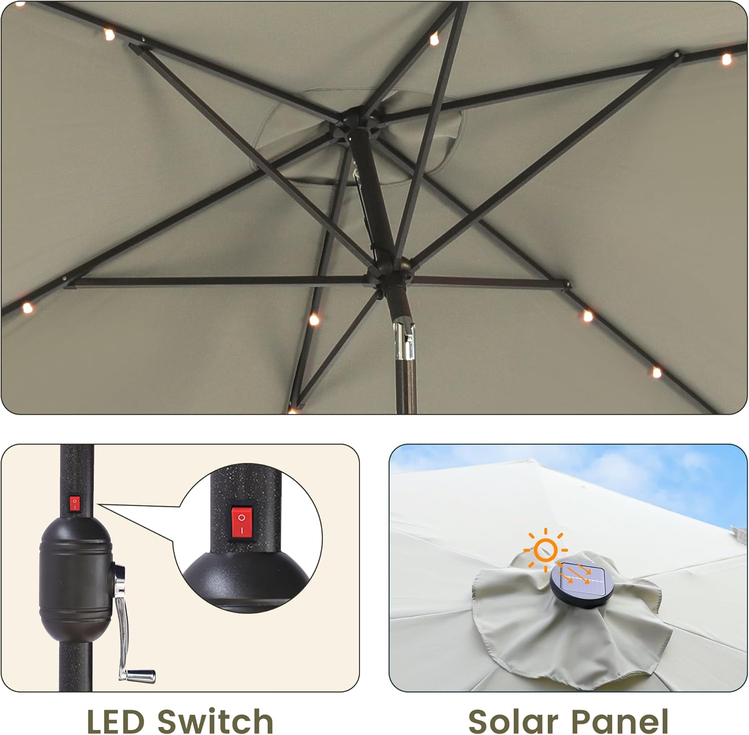 MONDAWE Paraguas rectangular de mercado con luces LED solares de 10 x 6.5 pies para exteriores, sombrilla de patio con manivela, sombrilla de mesa