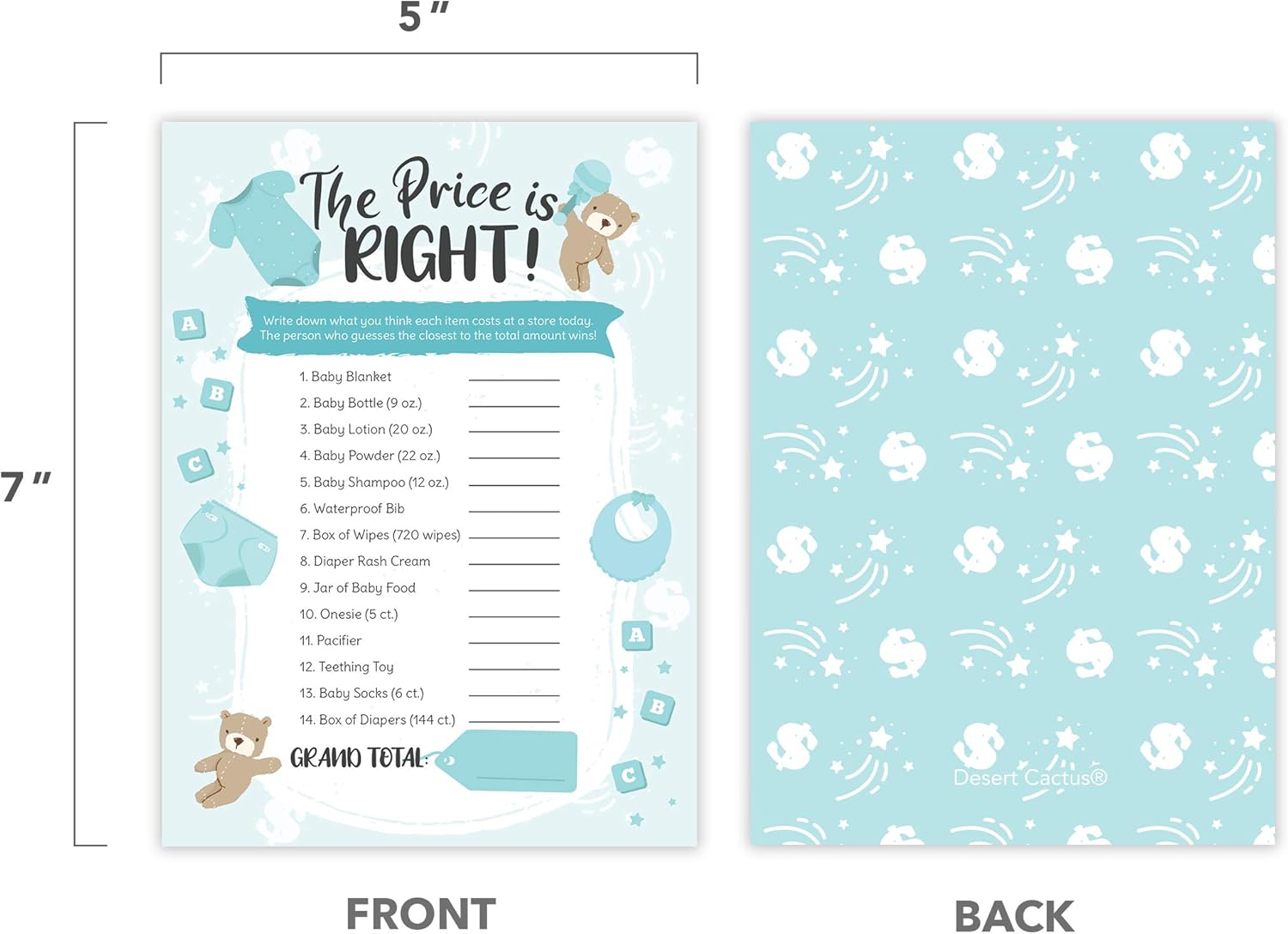 Desert Cactus Price is Right – Juego de baby shower – Juego de adivinanzas para niños y niñas, revelación de género neutro (25 ct Boy)
