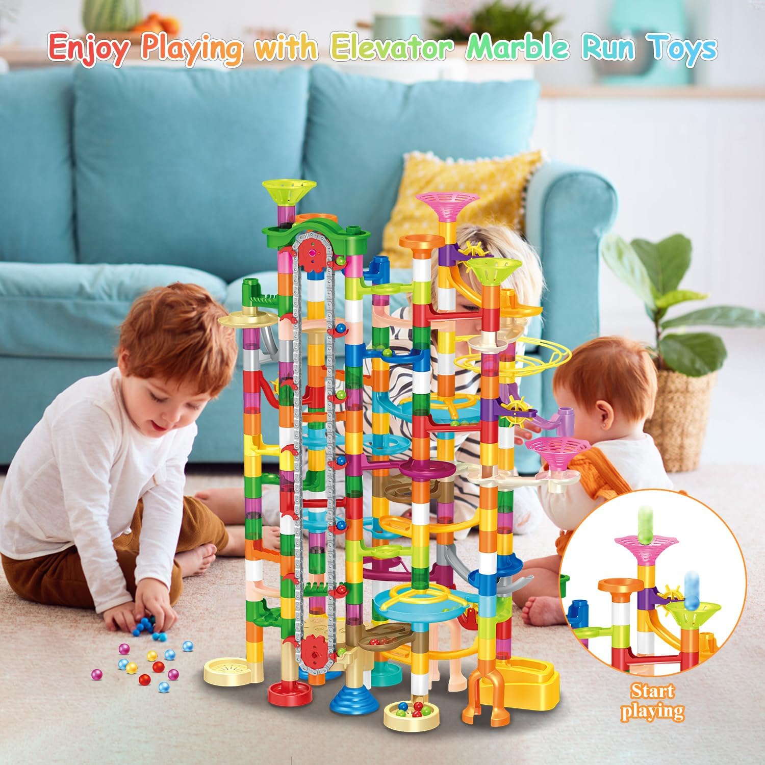 Marble Run con elevador motorizado, 310 piezas de bloques de construcción de juegos de laberinto, juguetes con canicas de plástico brillantes de
