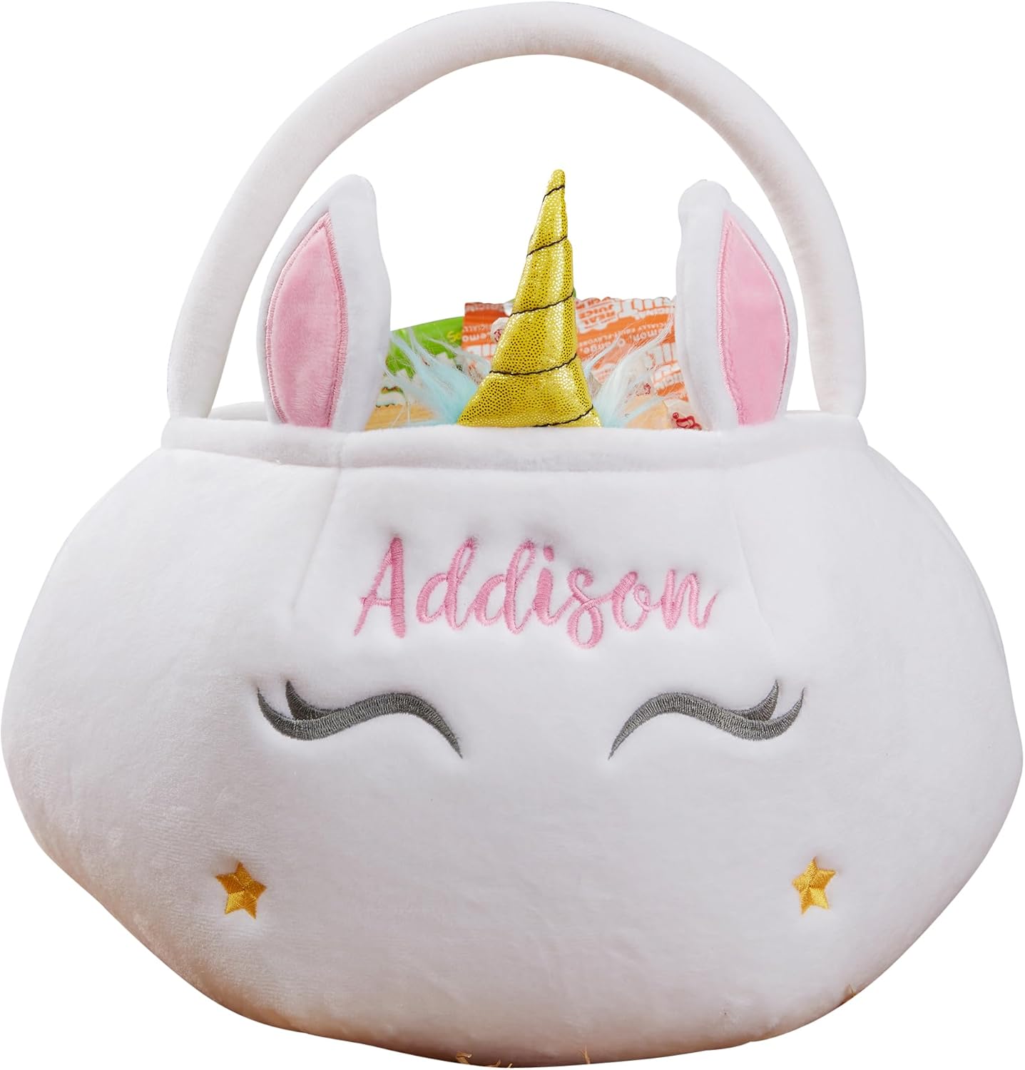 Personalization Universe Bolsa de felpa bordada de unicornio para Halloween, personalizable con cualquier nombre, perfecta para rellenar cestas de