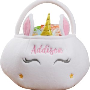 Personalization Universe Bolsa de felpa bordada de unicornio para Halloween, personalizable con cualquier nombre, perfecta para rellenar cestas de Personalization Universe Bolsa de felpa bordada de unicornio para Halloween, personalizable con cualquier nombre, perfecta para rellenar cestas de