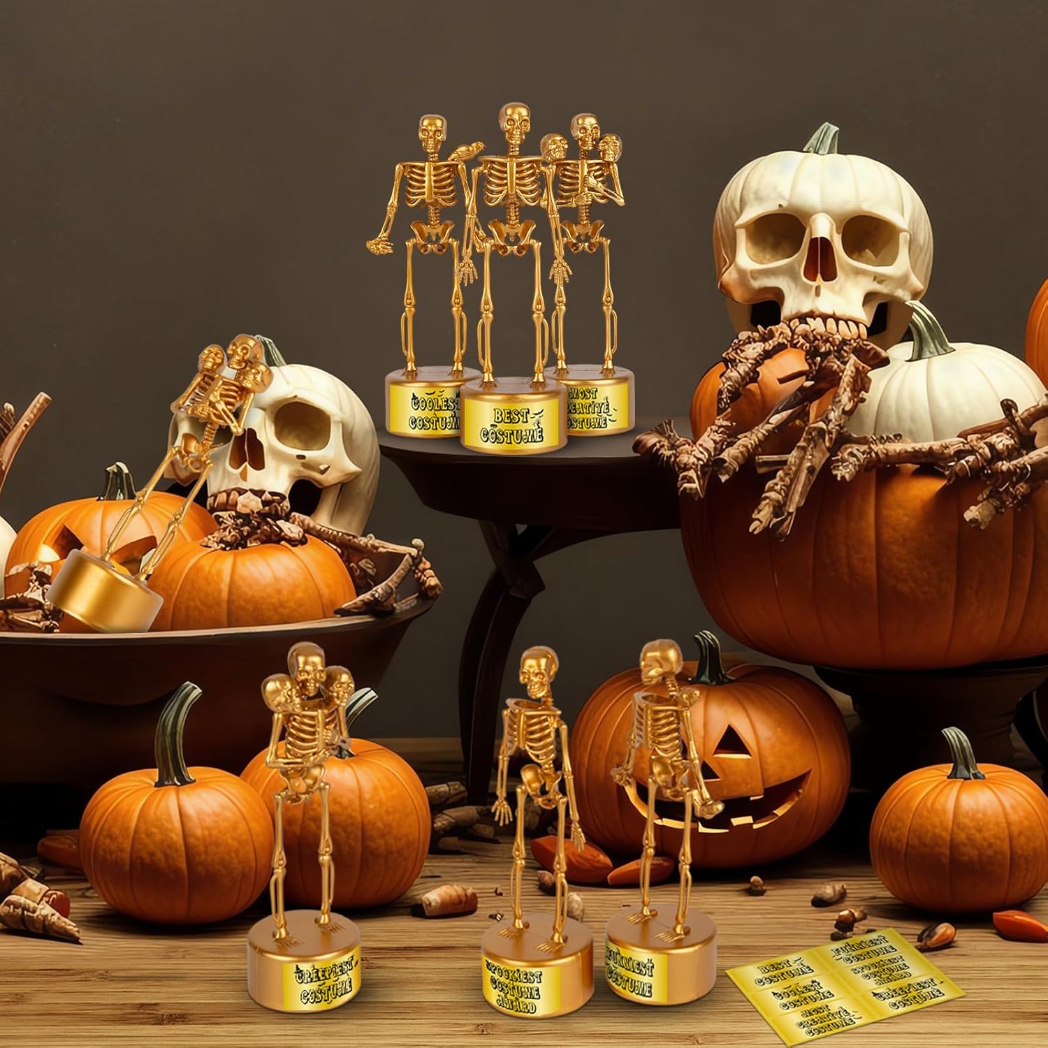 Trofeos de esqueleto de Halloween para niños y adultos, paquete de 6 trofeos divertidos de esqueleto de Halloween, trofeos de plástico para premios