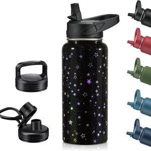 Zibtes Botella de agua aislada de 32 onzas con popote, 3 tapas (tapa abatible, boquilla y asa), botella de agua deportiva de acero inoxidable a Zibtes Botella de agua aislada de 32 onzas con popote, 3 tapas (tapa abatible, boquilla y asa), botella de agua deportiva de acero inoxidable a