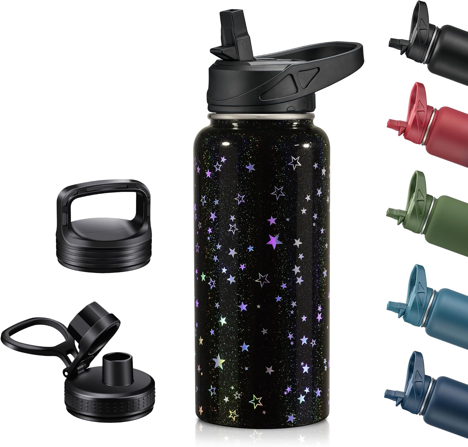 Zibtes Botella de agua aislada de 32 onzas con popote, 3 tapas (tapa abatible, boquilla y asa), botella de agua deportiva de acero inoxidable a