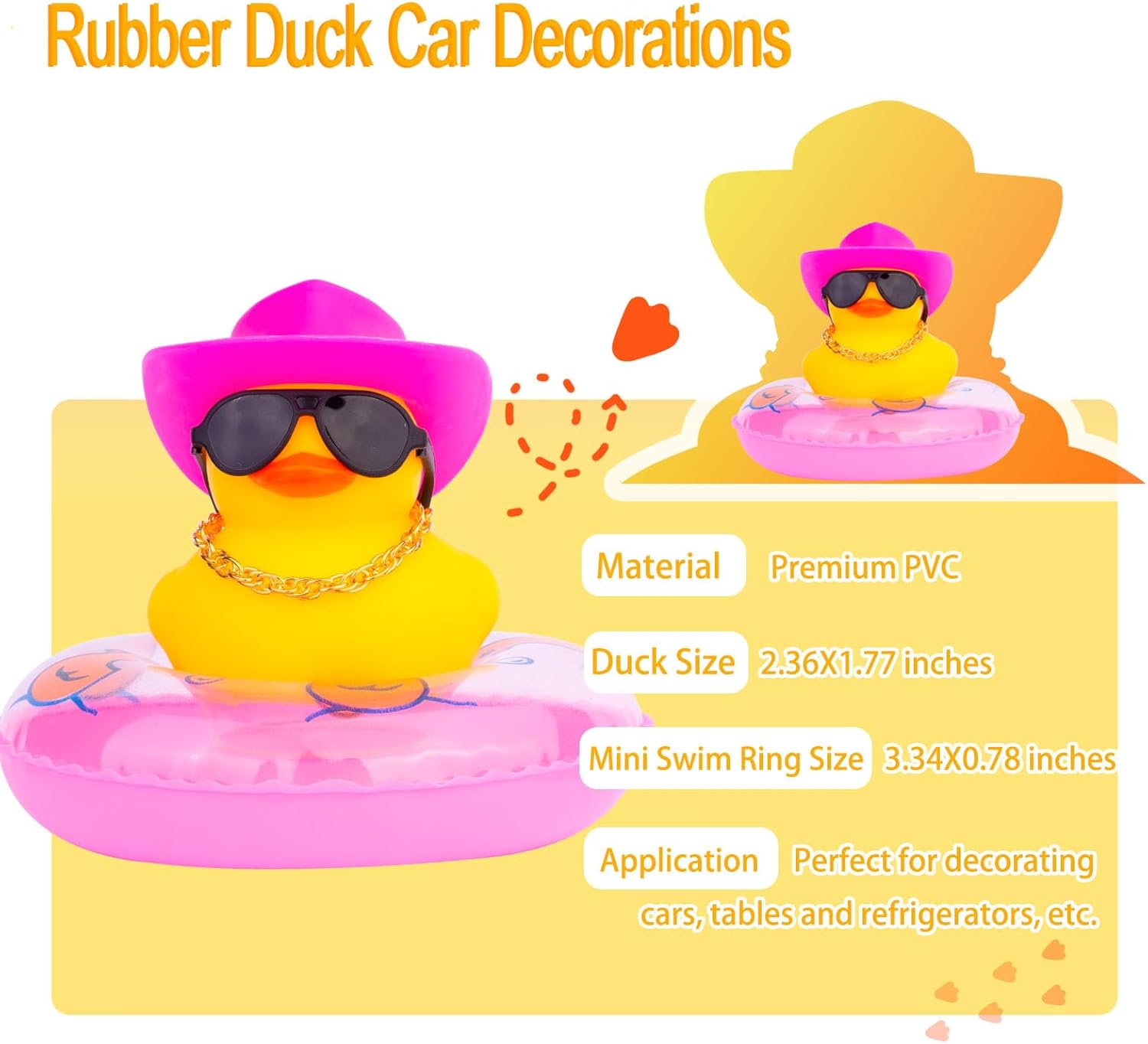 MuMyer Adornos de pato amarillo para automóvil, decoración de tablero de automóvil con gafas de amor, mini anillo de natación, sombrero de sol,