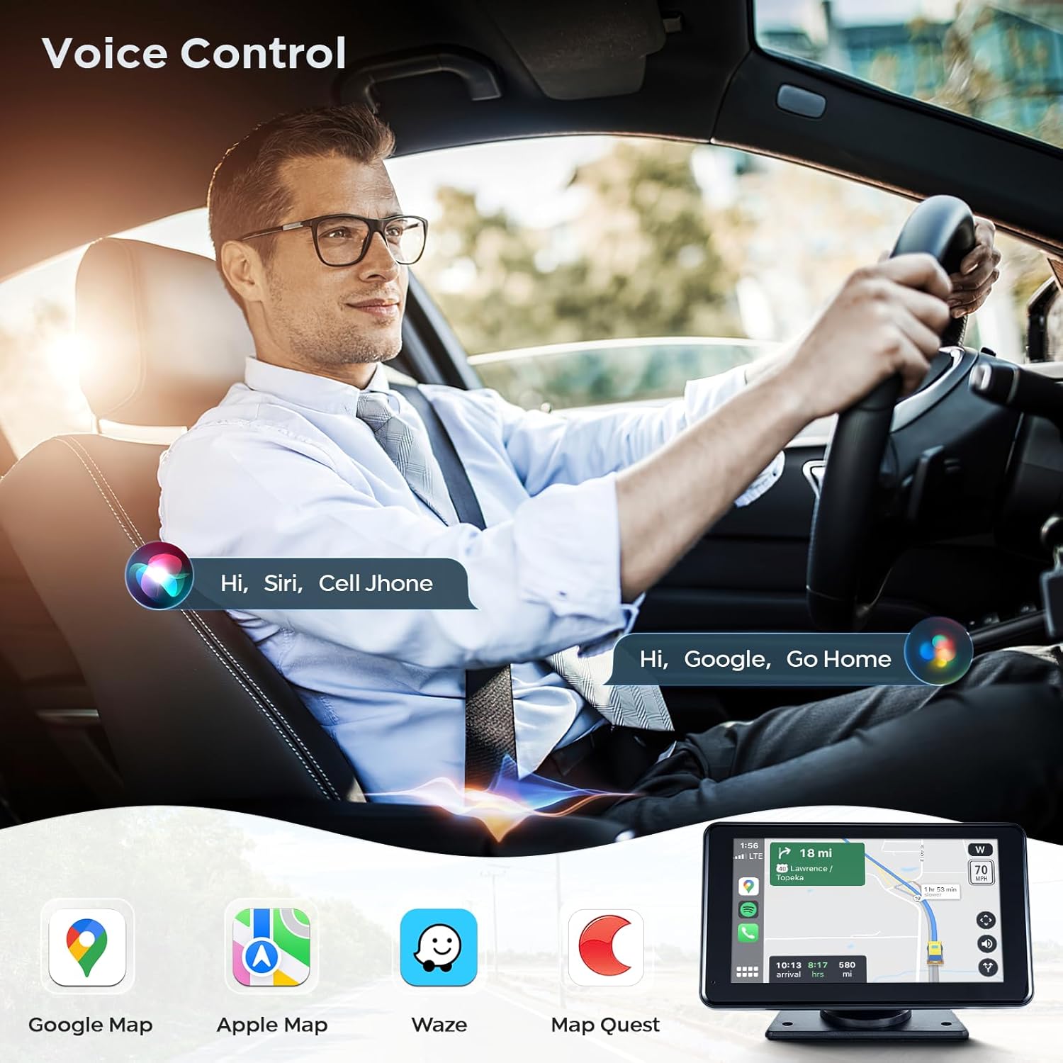 Apple Carplay portátil de 7 pulgadas, pantalla táctil inalámbrica de doble DIN, compatible con Apple Carplay y Android Auto, estéreo para automóvil