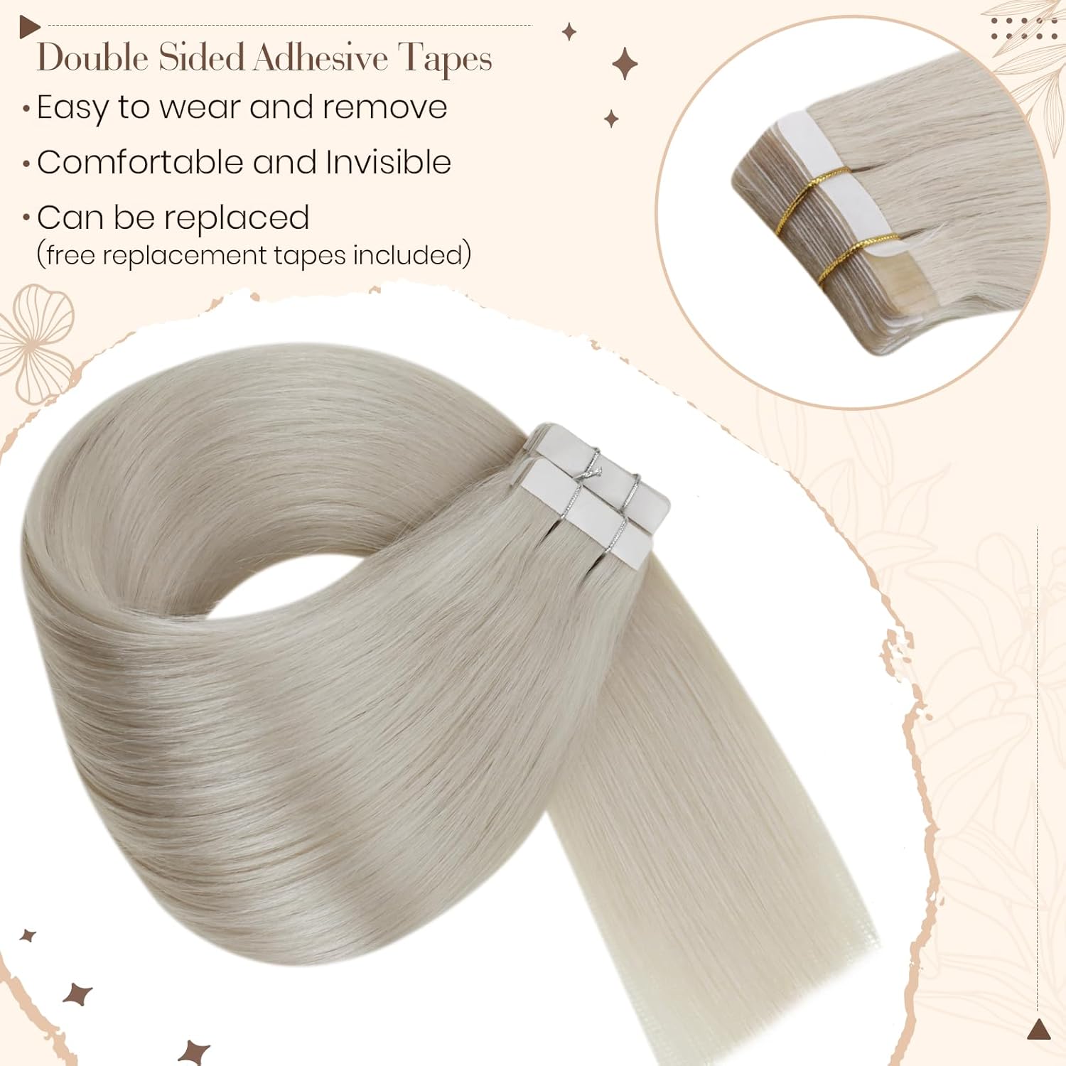 Hetto Extensiones de cabello humano con cinta adhesiva, extensiones de cabello rubio #60, 12 pulgadas, extensiones de cabello Remy lacio natural,