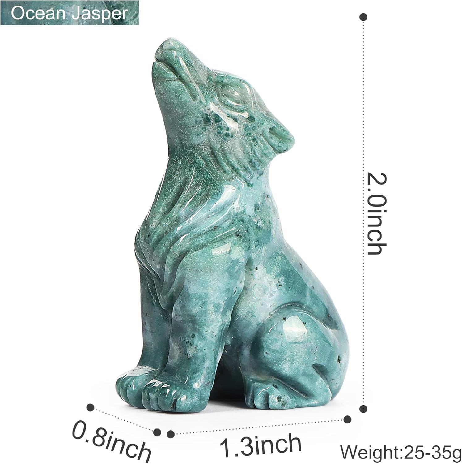 Artistone Estatua de lobo de cristal de jaspe oceánico de 2.0 pulgadas, figura de lobo deseada a mano, escultura de animales, piedra curativa para