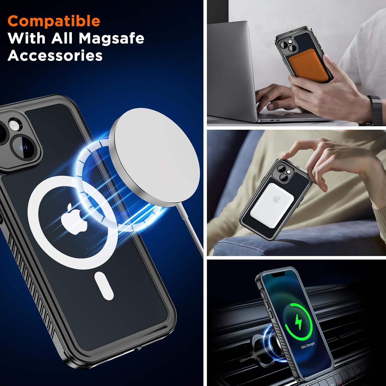 Beasyjoy Funda impermeable para iPhone 14, a prueba de golpes, a prueba de polvo 360, funda magnética de cuerpo completo con protector de pantalla
