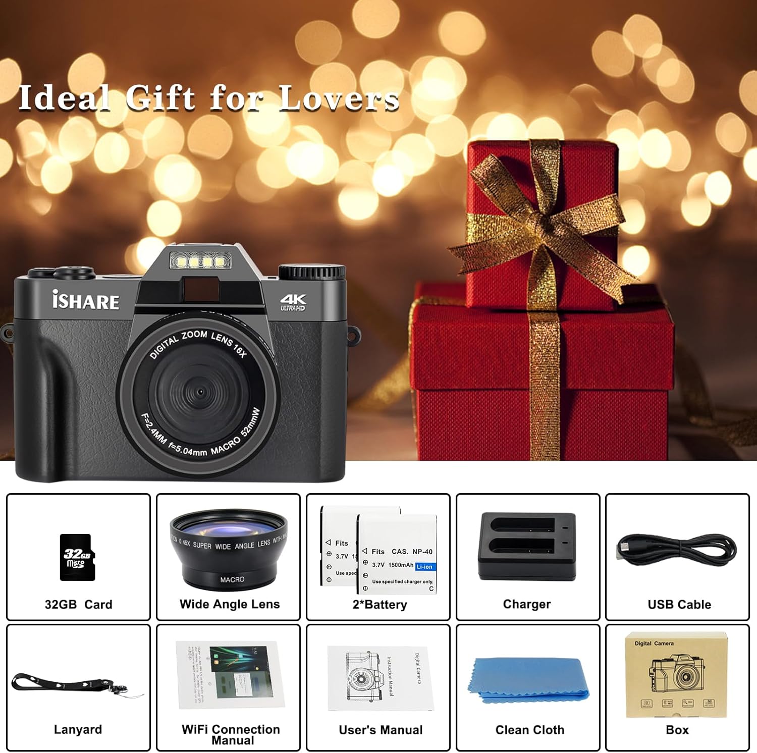 ISHARE Cámara digital para fotografía, cámara de vlogging 4K 48MP para YouTube con WiFi, pantalla abatible de 180 grados de 3 pulgadas, zoom digital