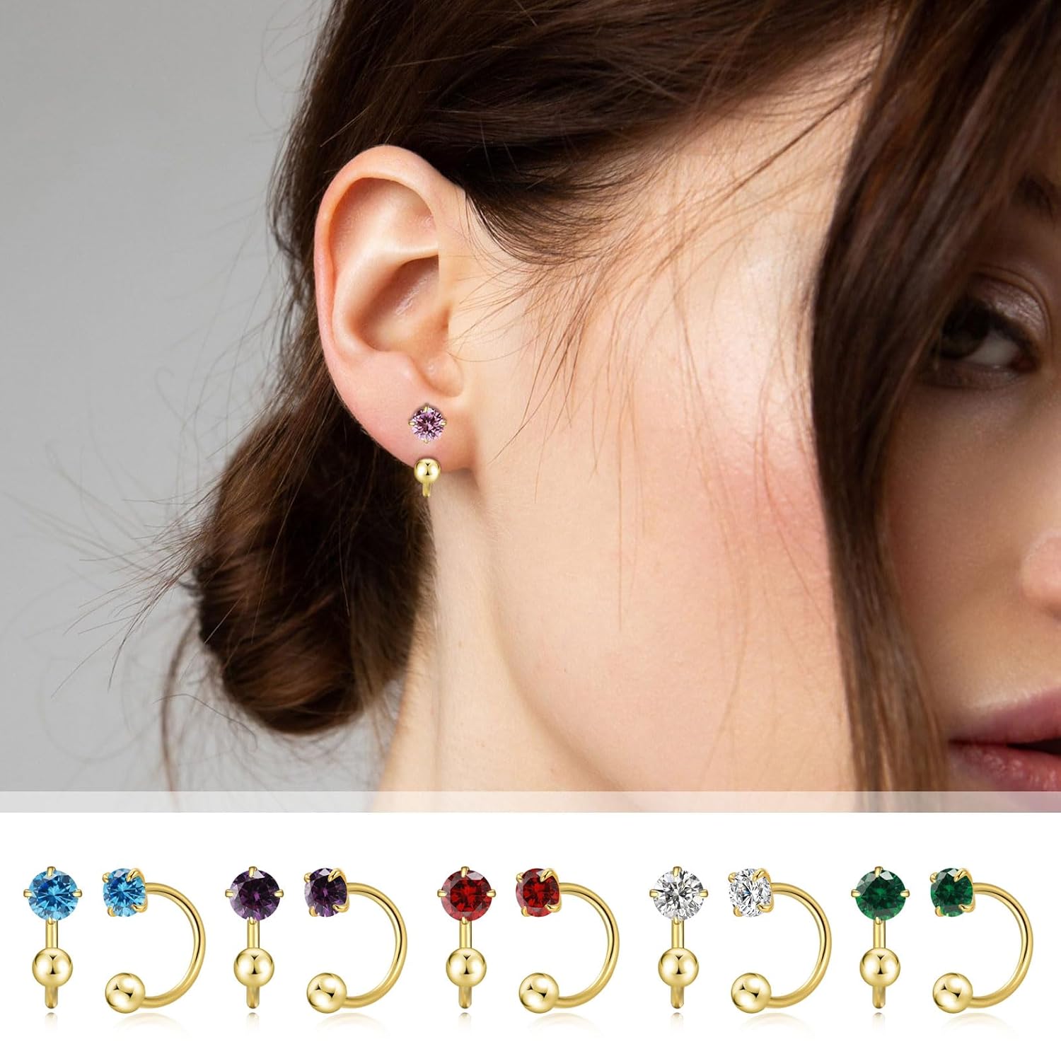 Huggie Half Hoop Earrings for Women Girl Tiny Cartilage Earring Birthstone Stud Earrings For Women Tiny Boho Colored Cartilage Earring Screw Back