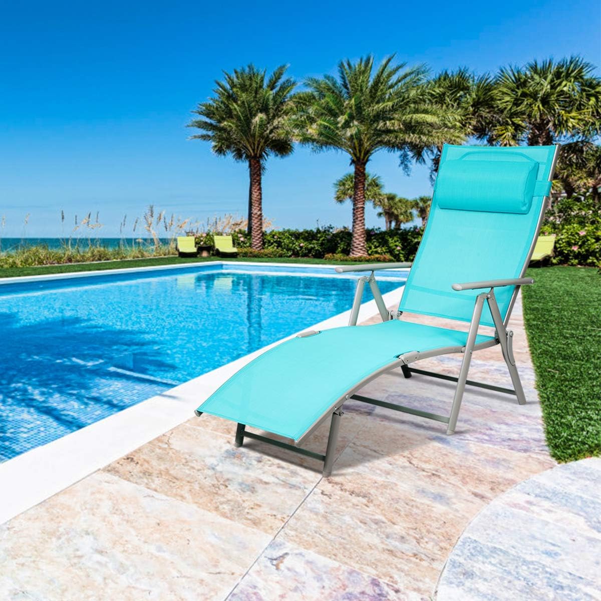 DORTALA Silla tumbona plegable para exteriores, silla reclinable ligera con diseño portátil y 7 posiciones de respaldo ajustables, playa reclinable