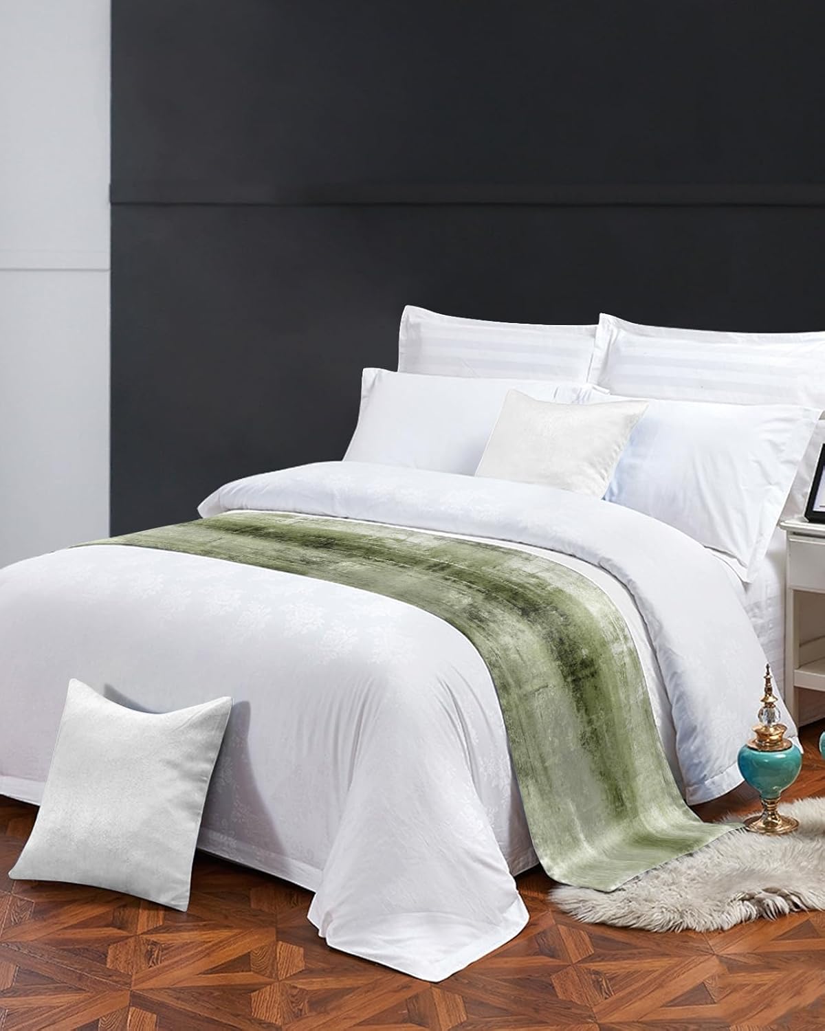 Camino de cama para cama de tamaño King, manta decorativa verde salvia para pie de cama, pintura al óleo geométrica moderna de arte abstracto, funda