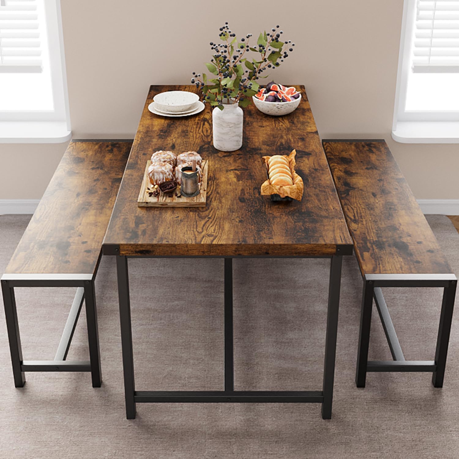 IDEALHOUSE Juego de mesa de comedor para 4, mesa de cocina con bancos, juego de mesa de comedor rectangular con 2 bancos de madera de metal, juego