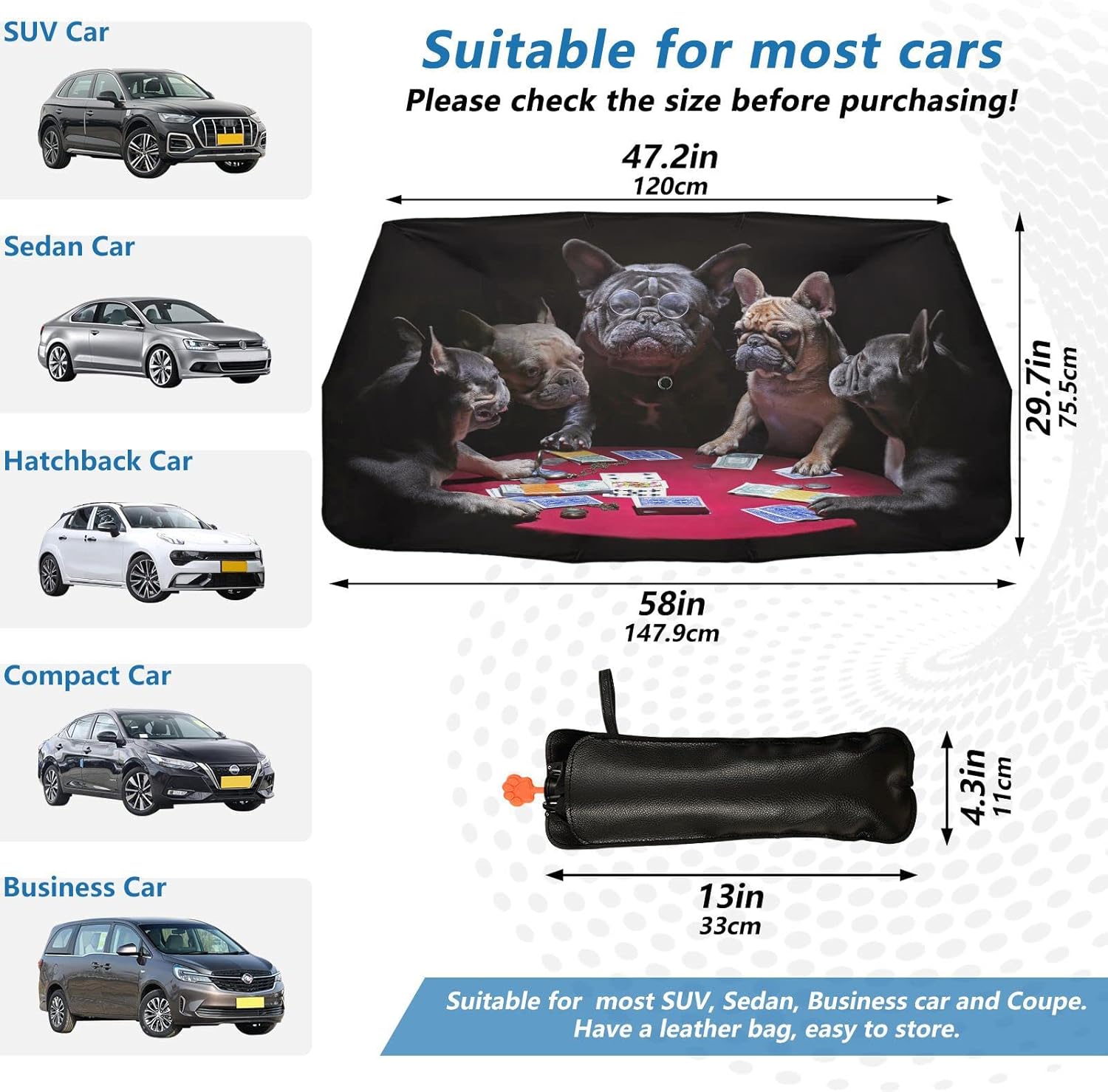 Boccsty Paraguas plegable para parabrisas de automóvil, diseño de bulldogs franceses, lindo cachorro, plegable, para ventana delantera, paraguas UV