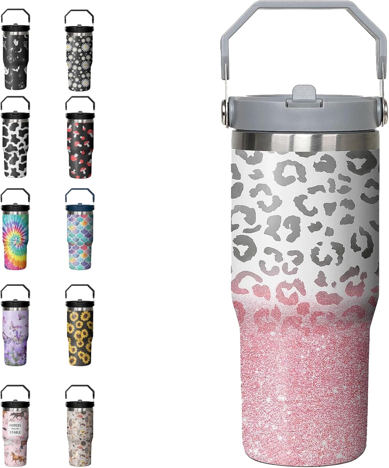 Rcvlauf Vaso con estampado de leopardo de 30 onzas con asa, popote abatible, taza de café con estampado de leopardo rosa, con asa, a prueba de