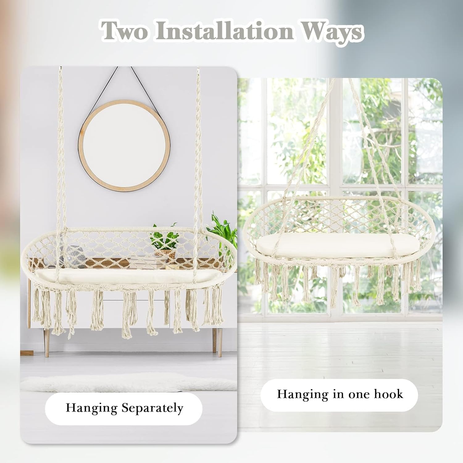 HAPPYGRILL Hamaca colgante para 2 personas con cojín, silla columpio colgante, estilo platillo, silla columpio de macramé, silla columpio de