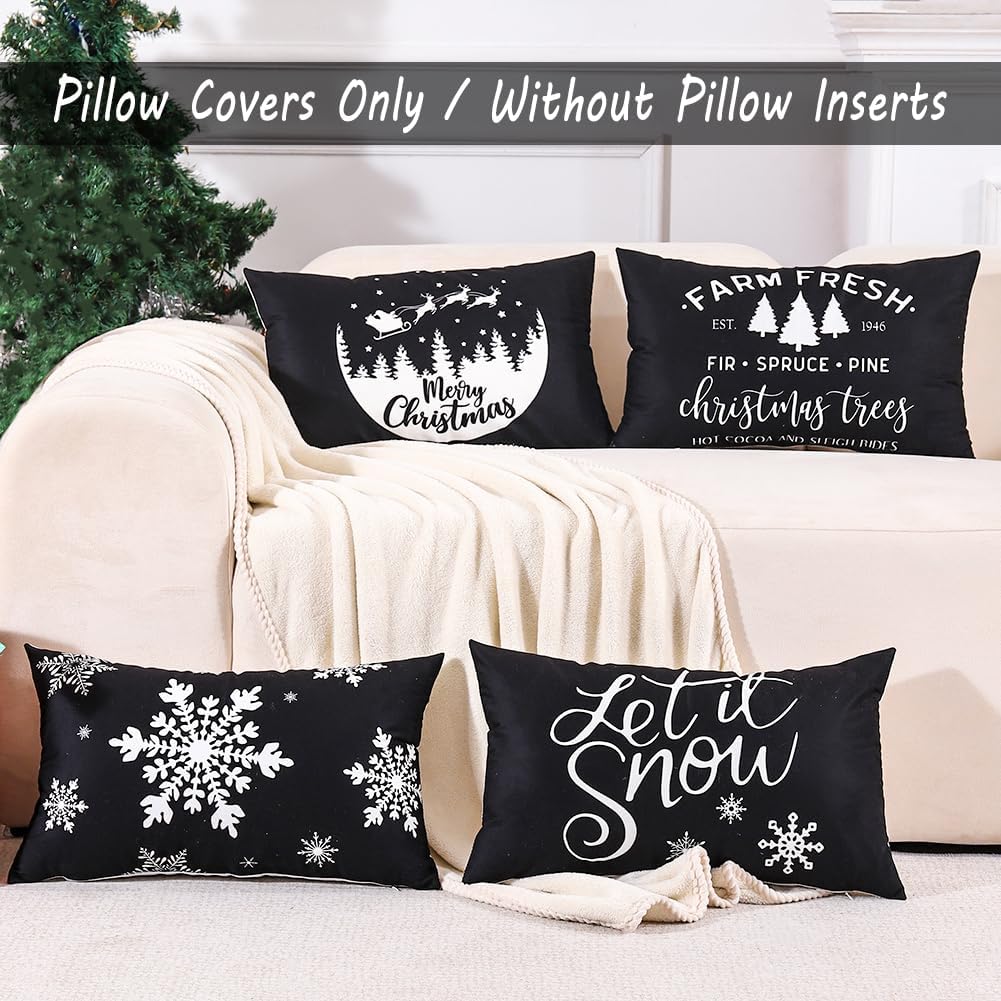 JOJOGOGO Juego de 4 fundas de almohada lumbar de Navidad en blanco y negro de 12 x 20 pulgadas, decoración de Navidad negra, copo de nieve, árbol de