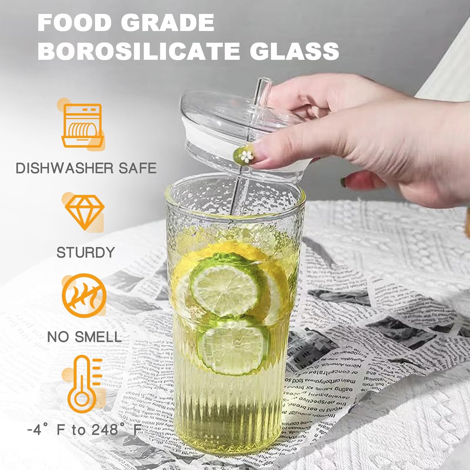 Vaso de vidrio con popote y tapa, vasos transparentes de 20 onzas para café helado, jugo, té, leche, batido y bebidas frías o calientes, juego de 2