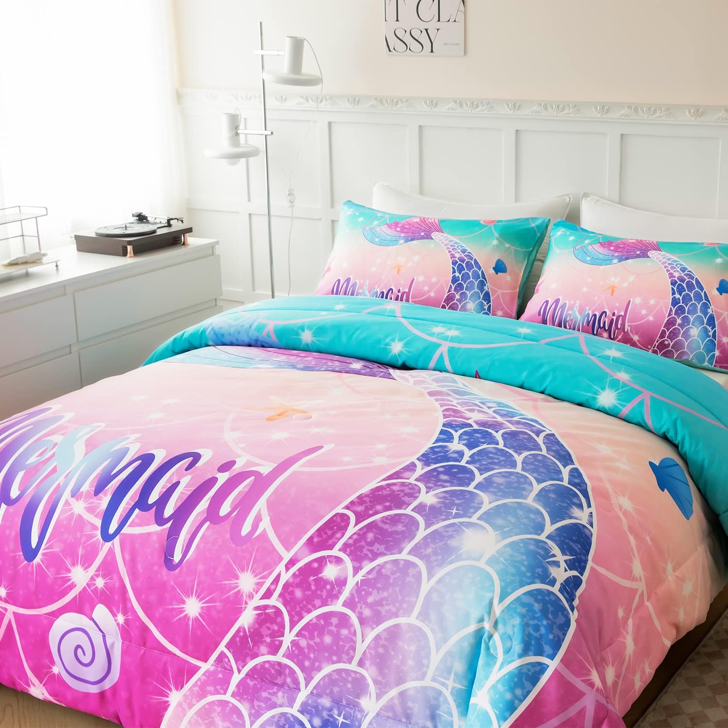 Juego de edredón de sirena tamaño matrimonial para niñas, color rosa, morado, verde azulado, degradado, para todas las estaciones, juego de ropa de