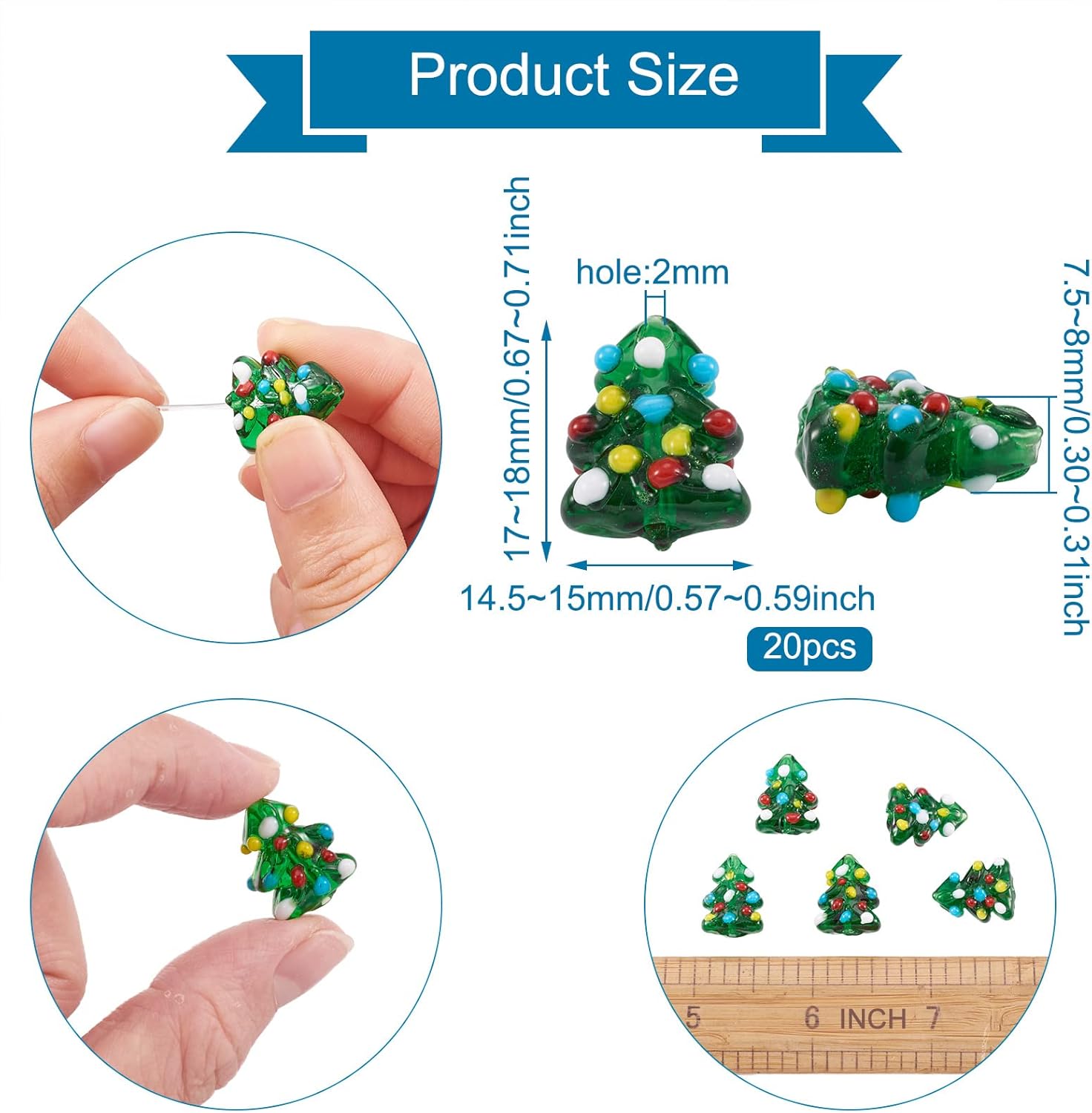 Craftdady 20 cuentas verdes para árbol de Navidad, adornos de árbol de Navidad, cuentas de vidrio de lámpara, decoraciones de Navidad, abalorios