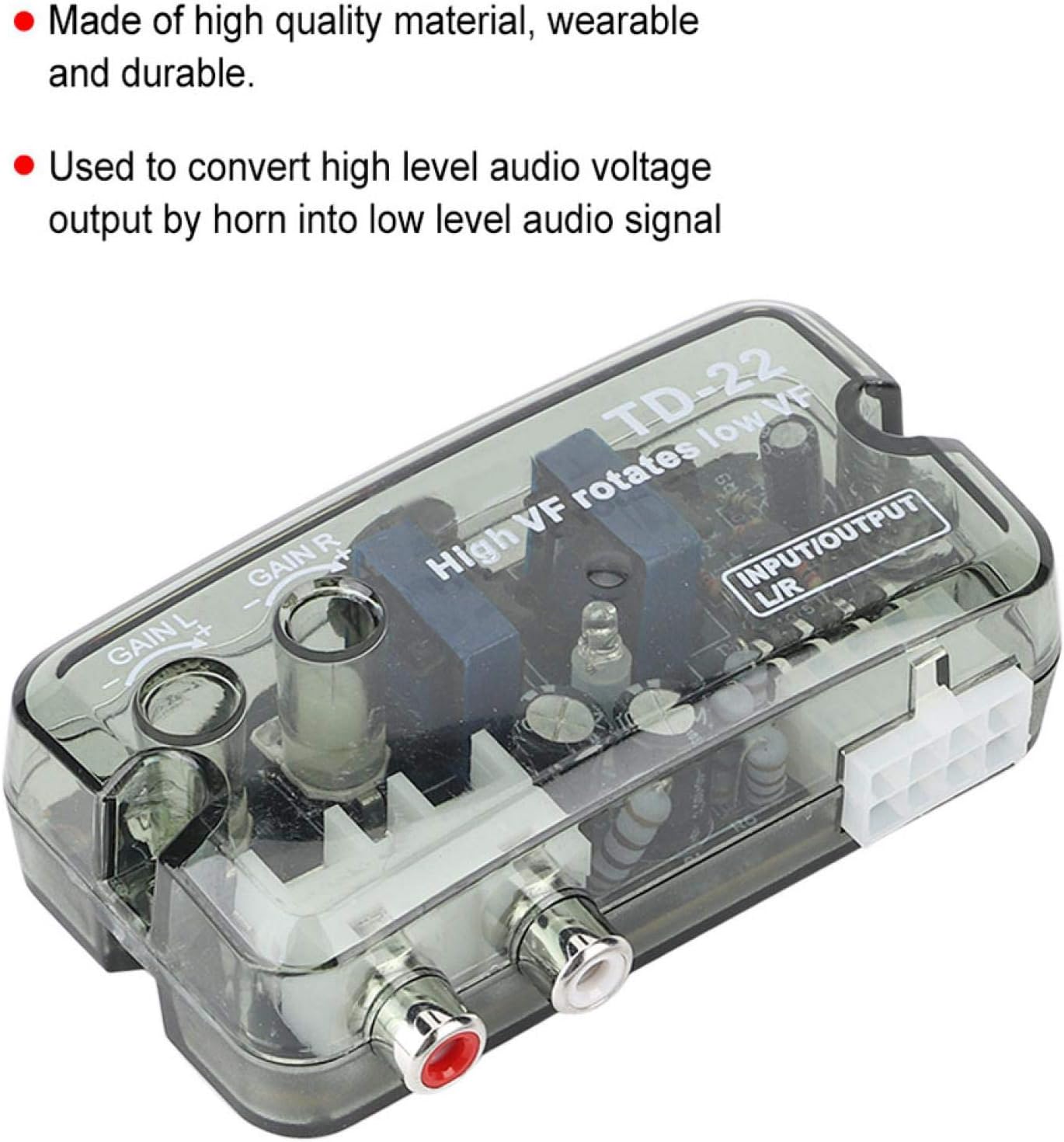Fydun Convertidor de alto a bajo para audio de coche, convertidor de audio estéreo de alta a baja frecuencia, convertidor de nivel de altavoz con