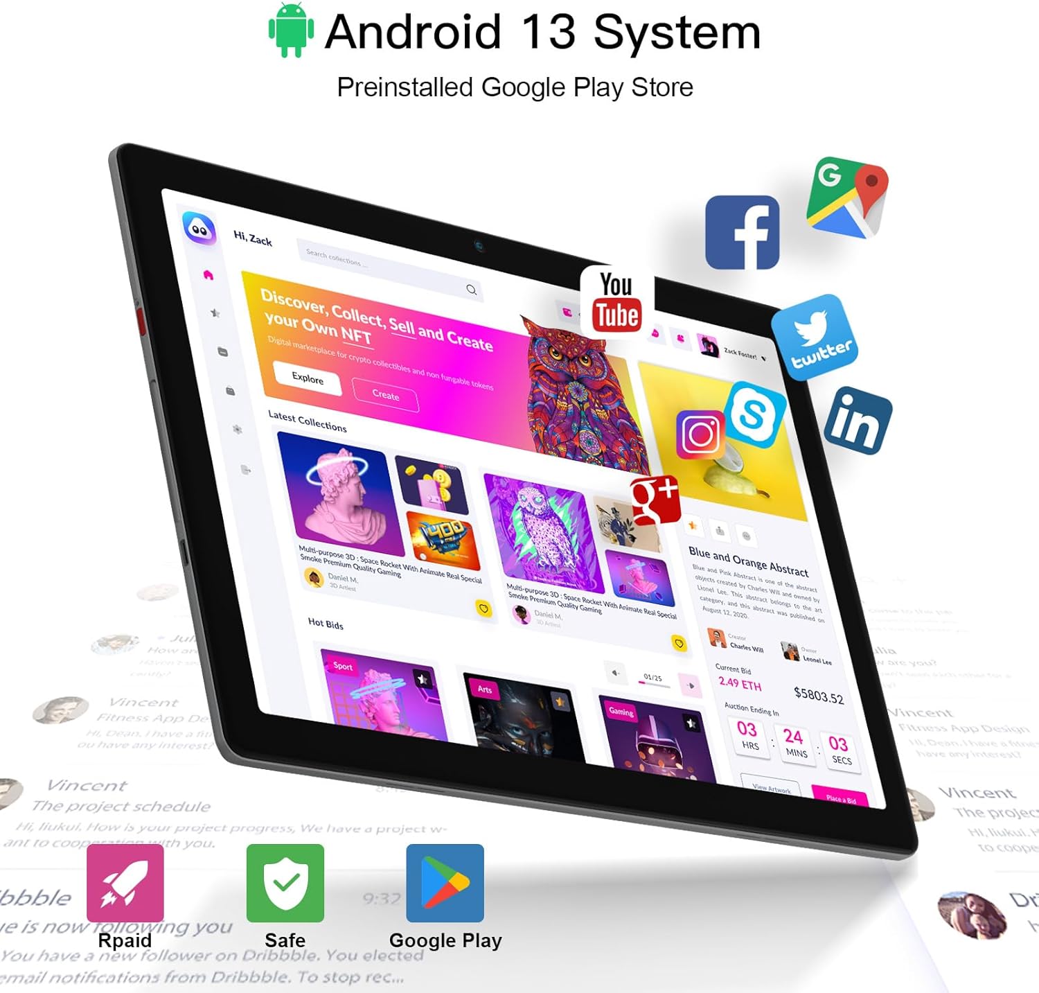 Dewsod Tablet de 10 pulgadas, Android 13 Go Tablet con 6 GB (2+4) RAM + 64 GB de ROM, procesador de cuatro núcleos, 1280 x 800, cámara dual, batería