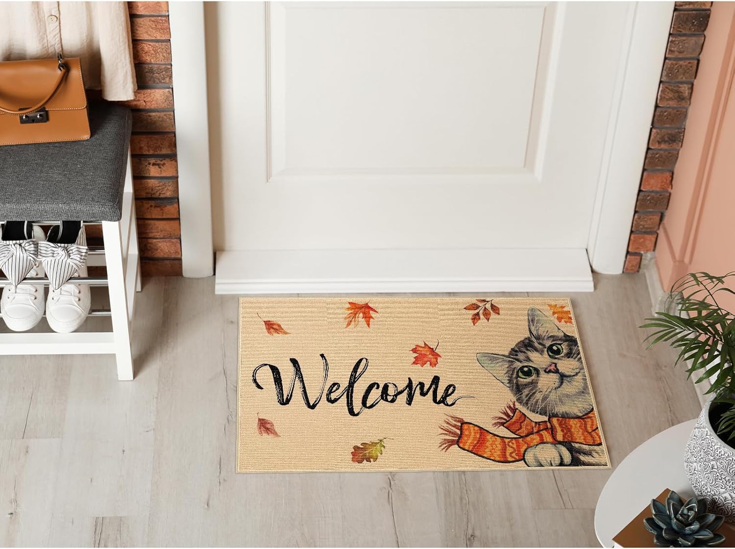 Felpudo de bienvenida de otoño con diseño de gato, parte trasera de goma antideslizante, tapete para puerta de otoño, Acción de Gracias, decoración