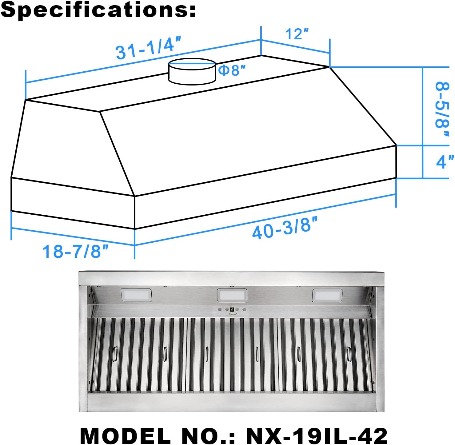 Akicon Campana extractora de 42 pulgadas, 1200 CFM, campana de cocina integrada con 4 velocidades, inserto de campana de ventilación con conductos
