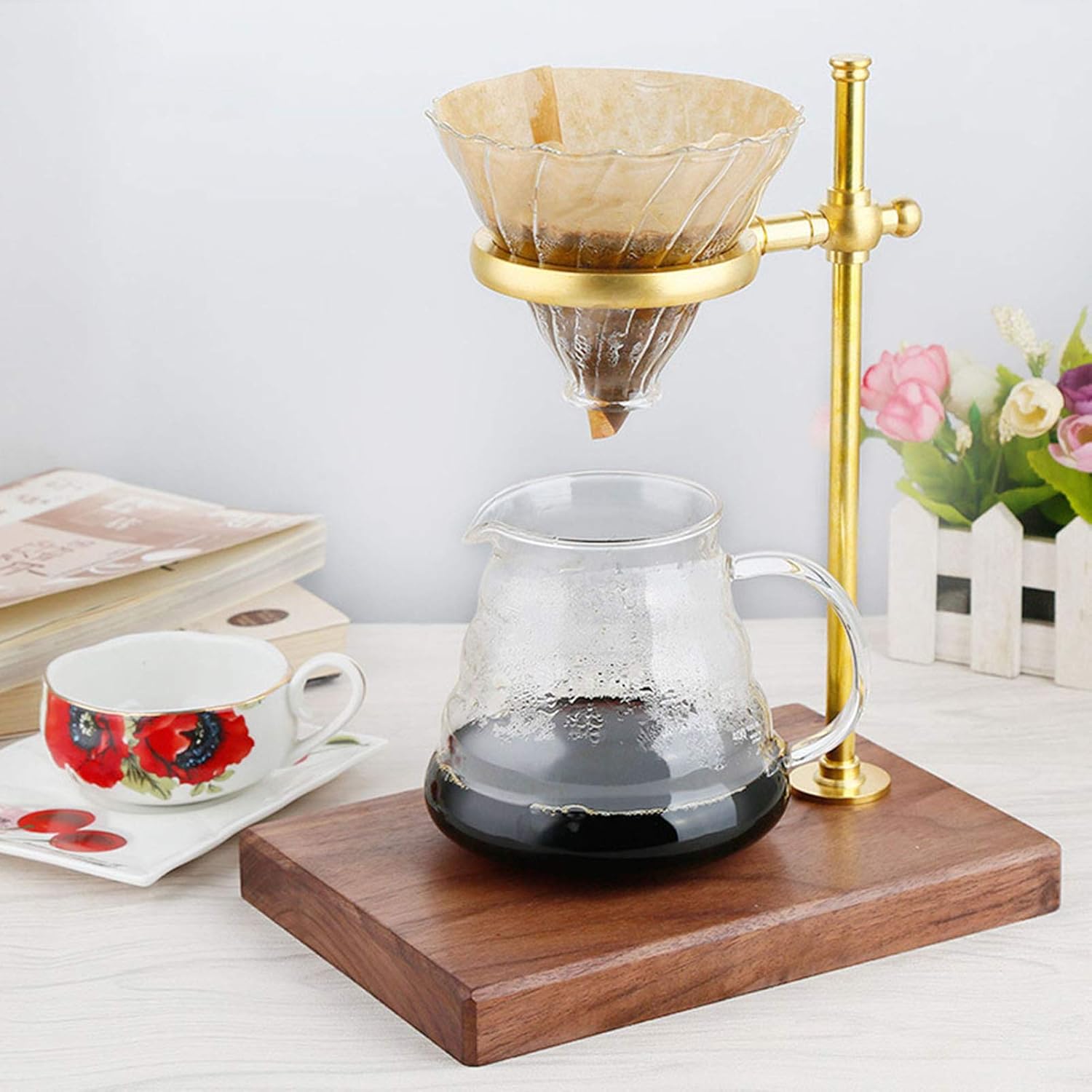 Almacenamiento de cocina para verter sobre el gotero de café, filtro de soporte de 25 × 18 × 8 de latón de madera para café