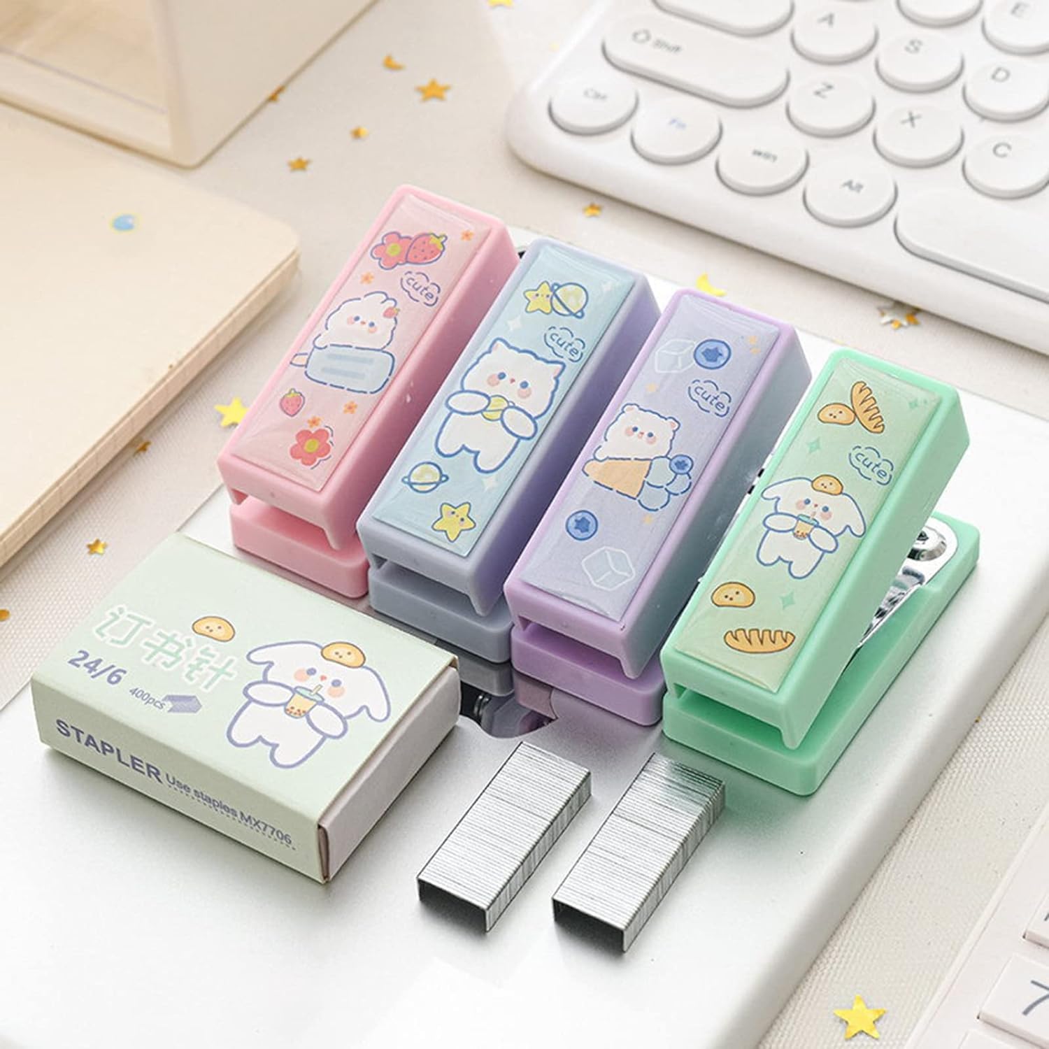 1 juego de mini grapas rosa con grapas No.12, lindo patrón de conejo, removedor de grapas, máquina de encuadernación para clips de papel, grapadoras