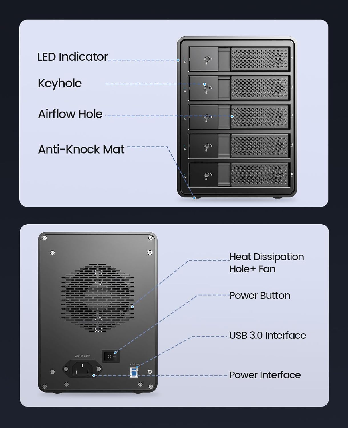 ORICO Caja de disco duro de 5 bahías, sin bandeja, aluminio de 3.5 pulgadas, ventilador de refrigeración integrado de 3.150 in y fuente de