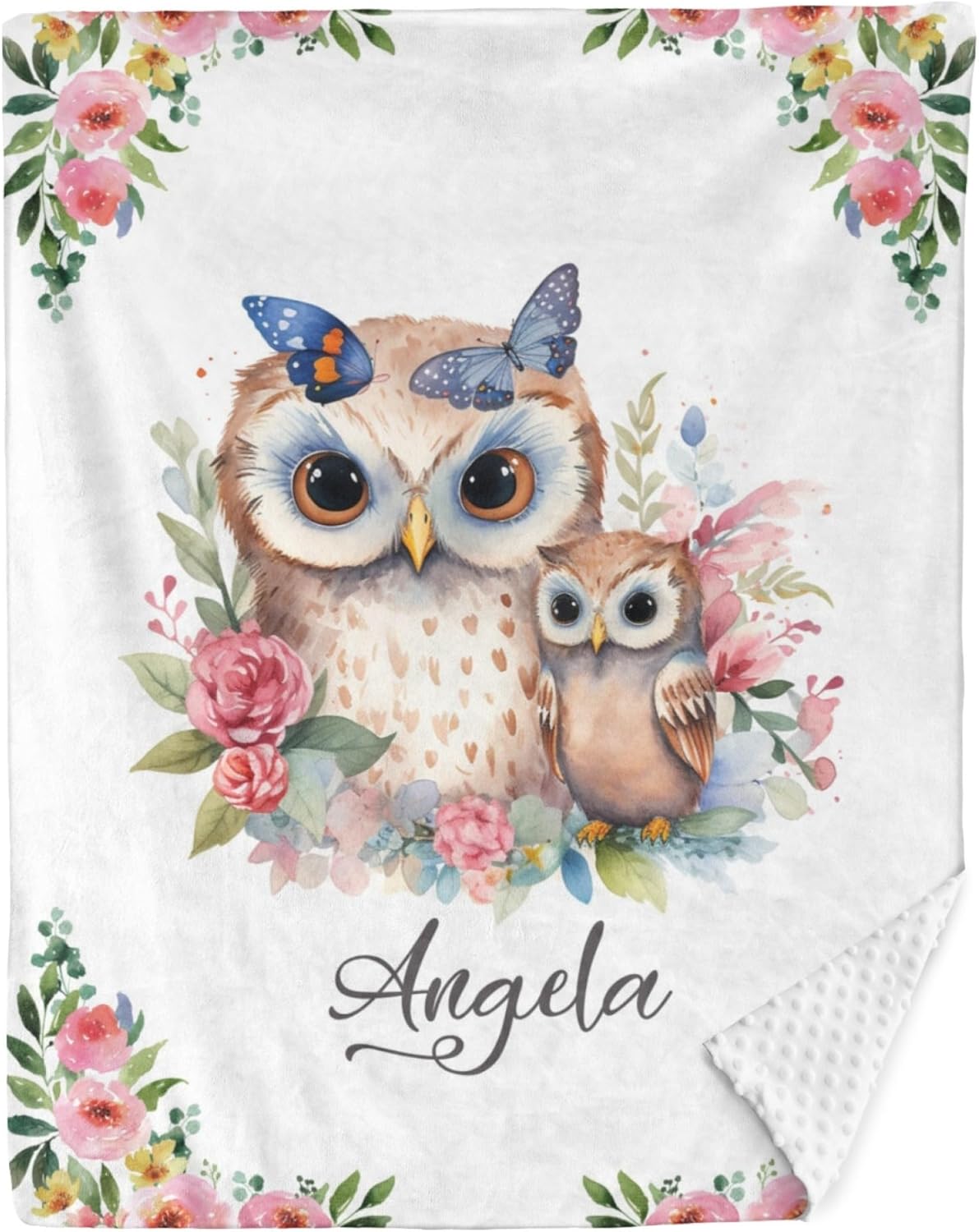 Manta personalizada con nombre, mantas de bebé personalizadas para niñas, manta de bebé de felpa suave con diseño de búho minky, respaldo punteado,