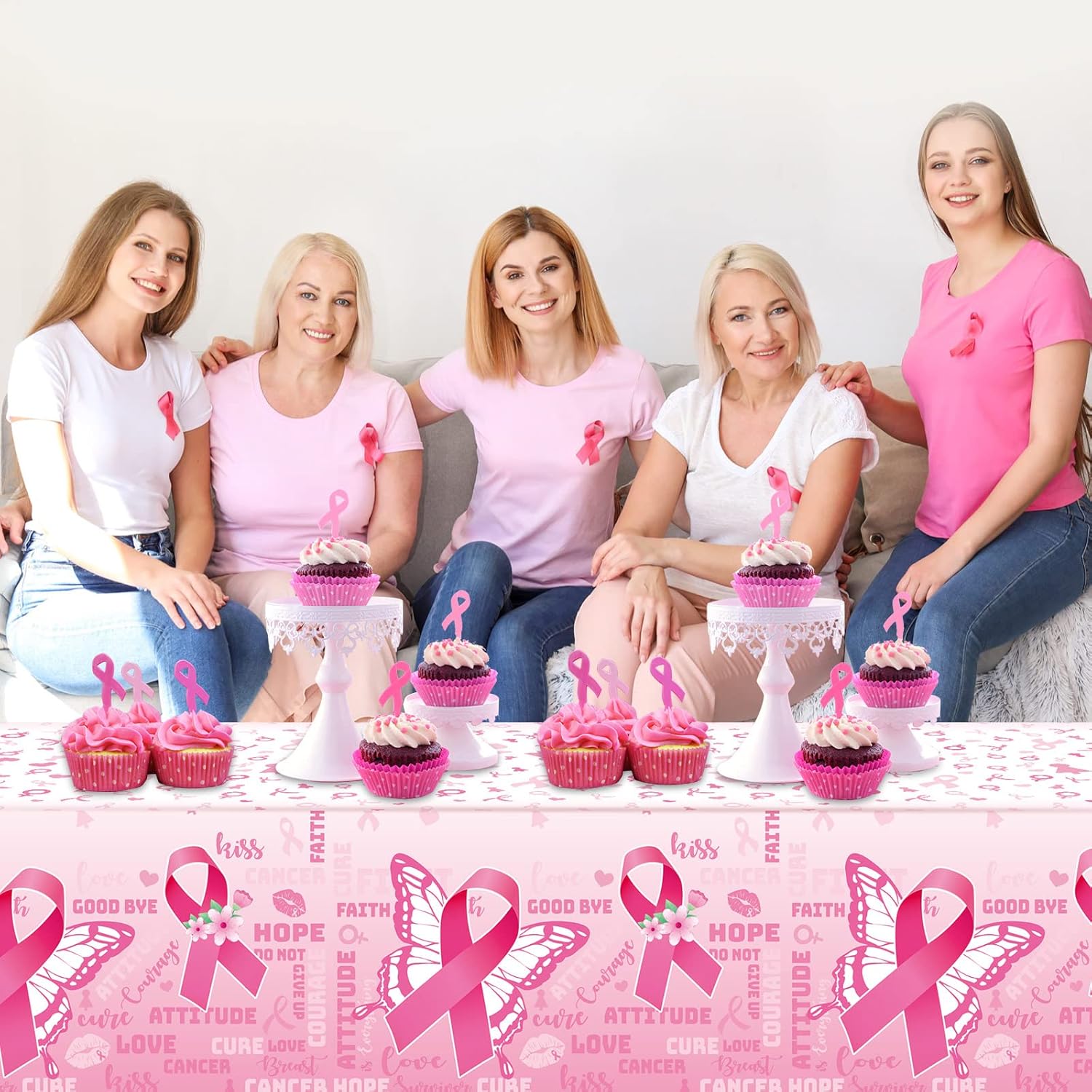 3 piezas de decoraciones para fiestas de concientización sobre el cáncer de mama, fundas de mesa desechables con cinta rosa para concientización,