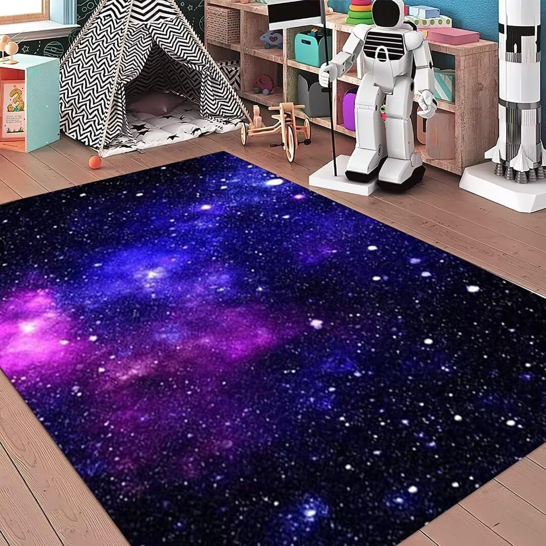 Alfombra grande de galaxia azul y morado con cielo estrellado para dormitorio, sala de estar, comedor, universo, espacio, tapete de juego,