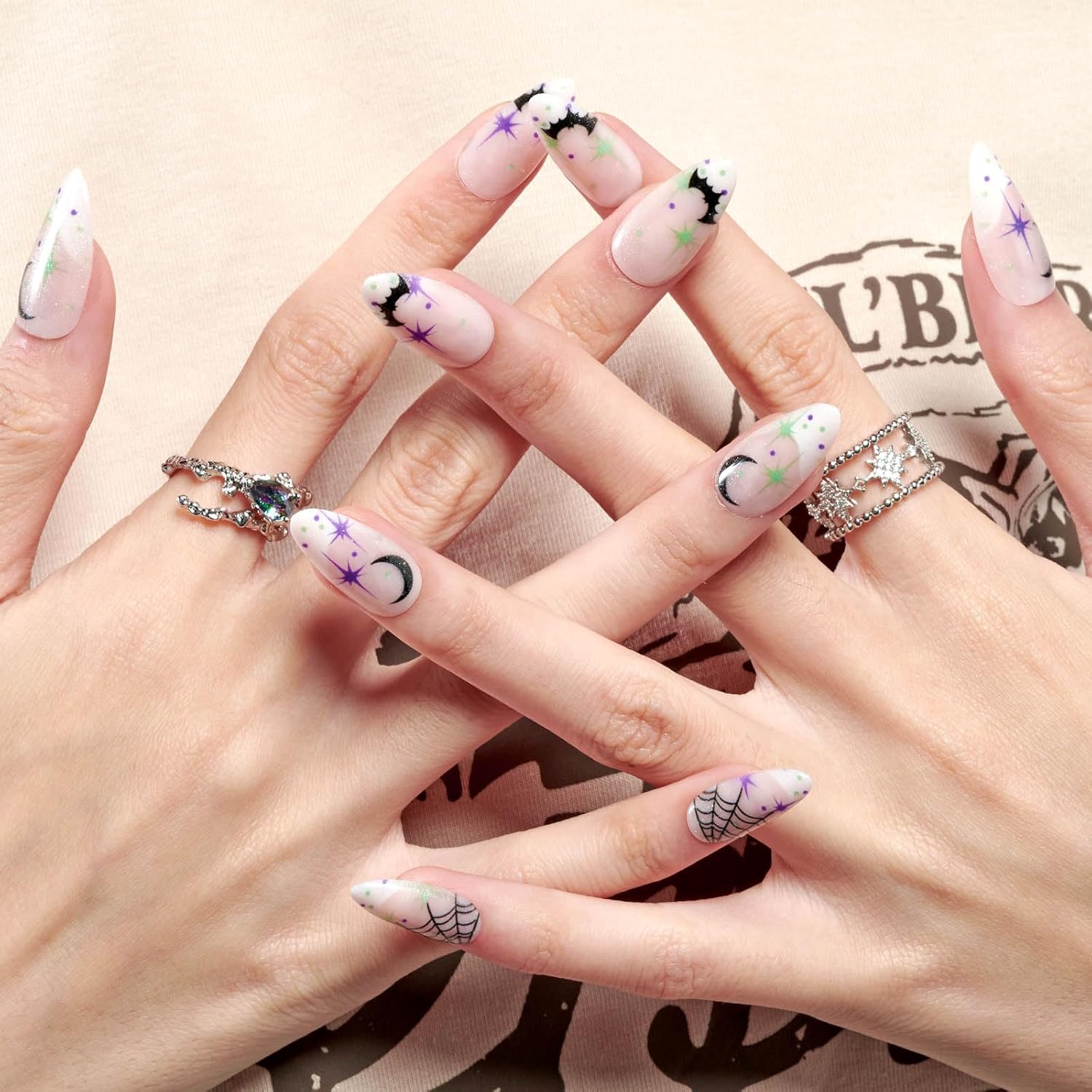 GLAMERMAID Uñas postizas a presión de almendra, uñas postizas de gel con diseño gótico, 24 uñas adhesivas, uñas acrílicas reutilizables, juego de