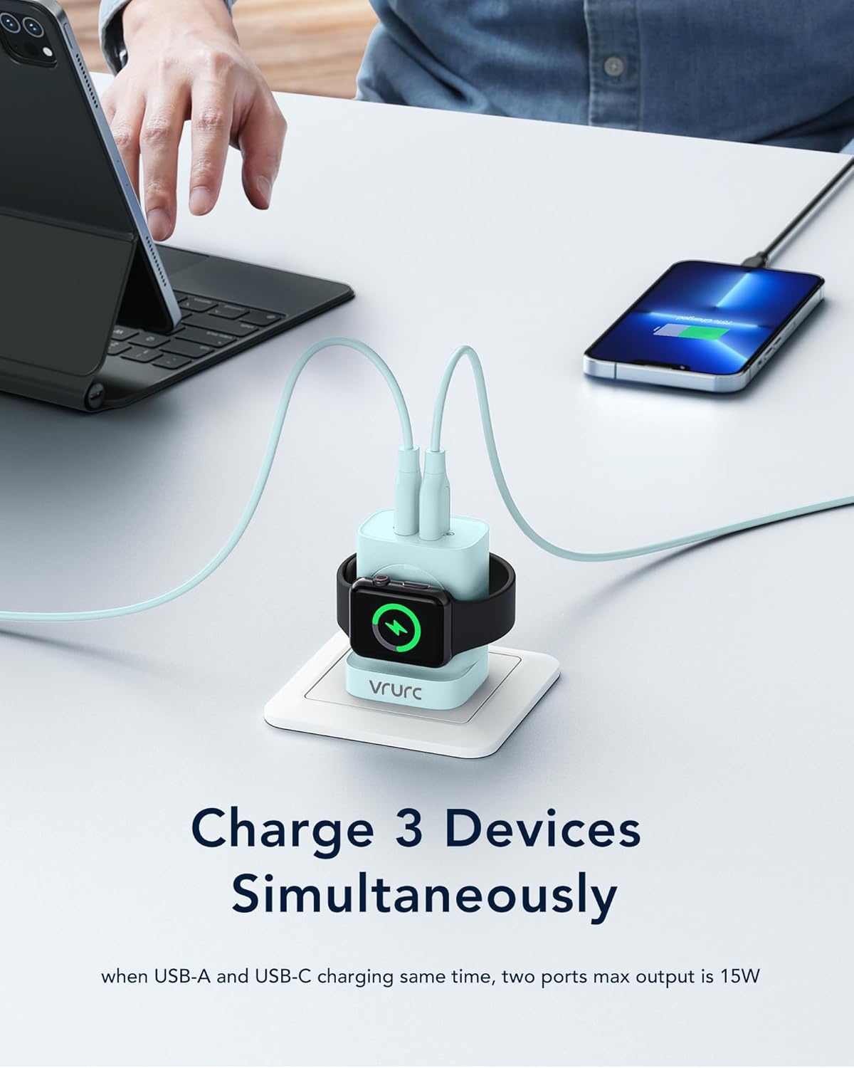 VRURC Cargador para Apple Watch, cargador 3 en 1 PD de 20 W con carga inalámbrica magnética y puertos duales, bloque de carga de pared USB C