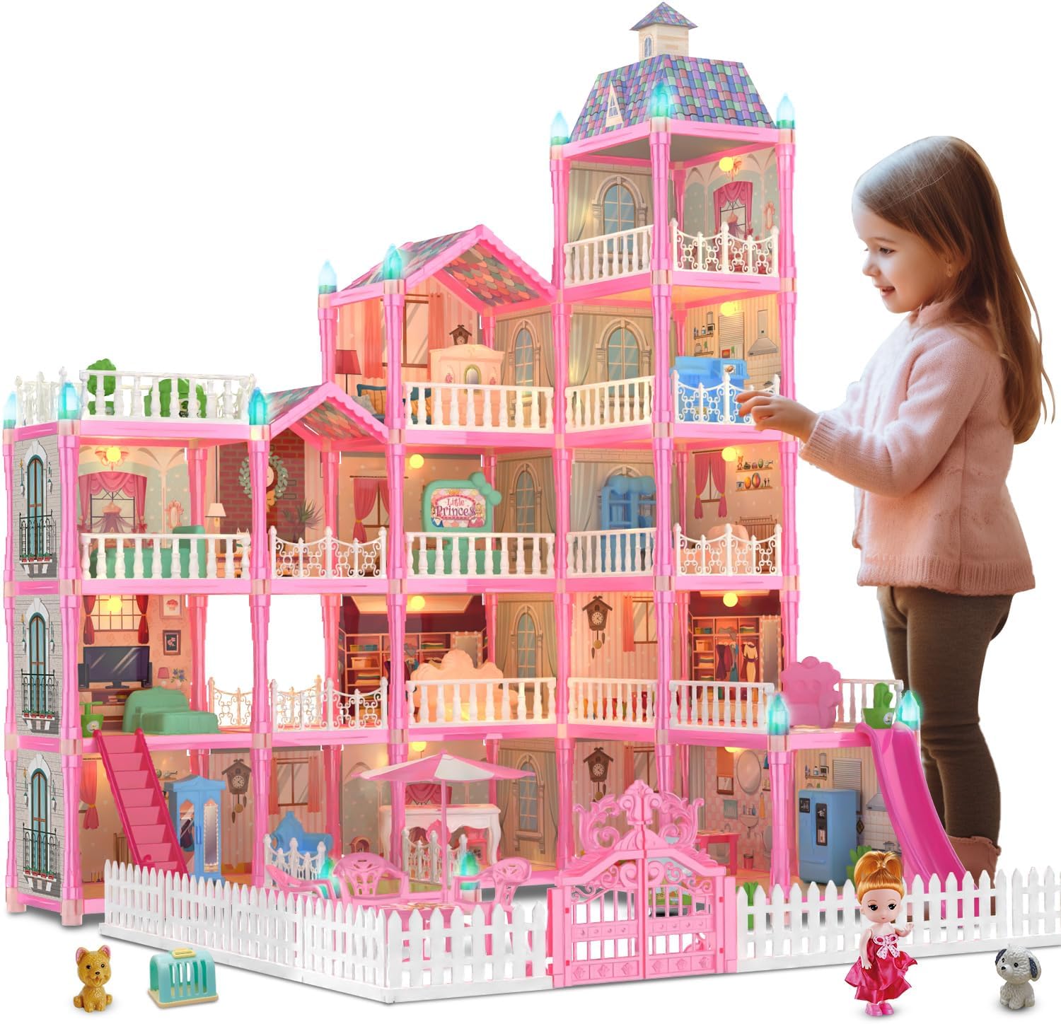 JoyZin 374 piezas de casa de muñecas casa de ensueño para niñas, casa de juegos de princesa con luces, accesorios de muebles, juegos de simulación,