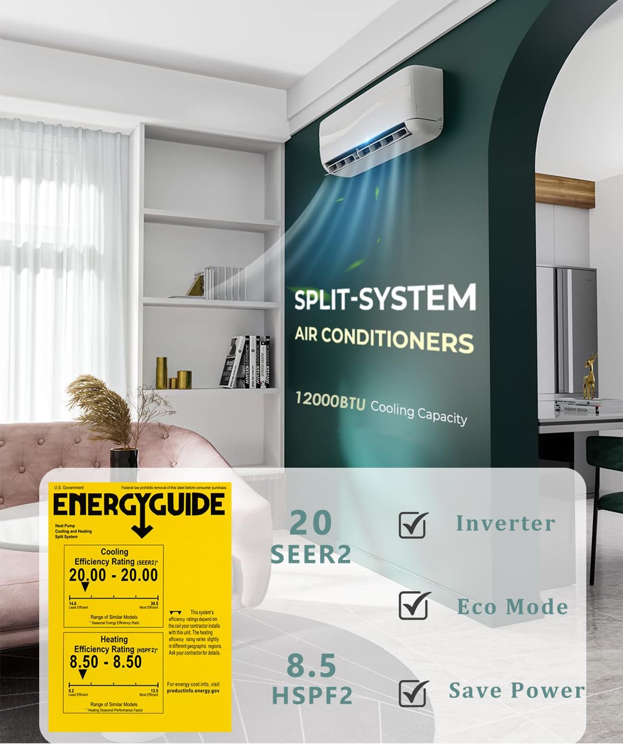 Mini Split AC y sistema de calefacción, aire acondicionado de pared de 12,000 BTU 20 SEER2 115V y bomba de calentador de 1 tonelada con inversor, CA
