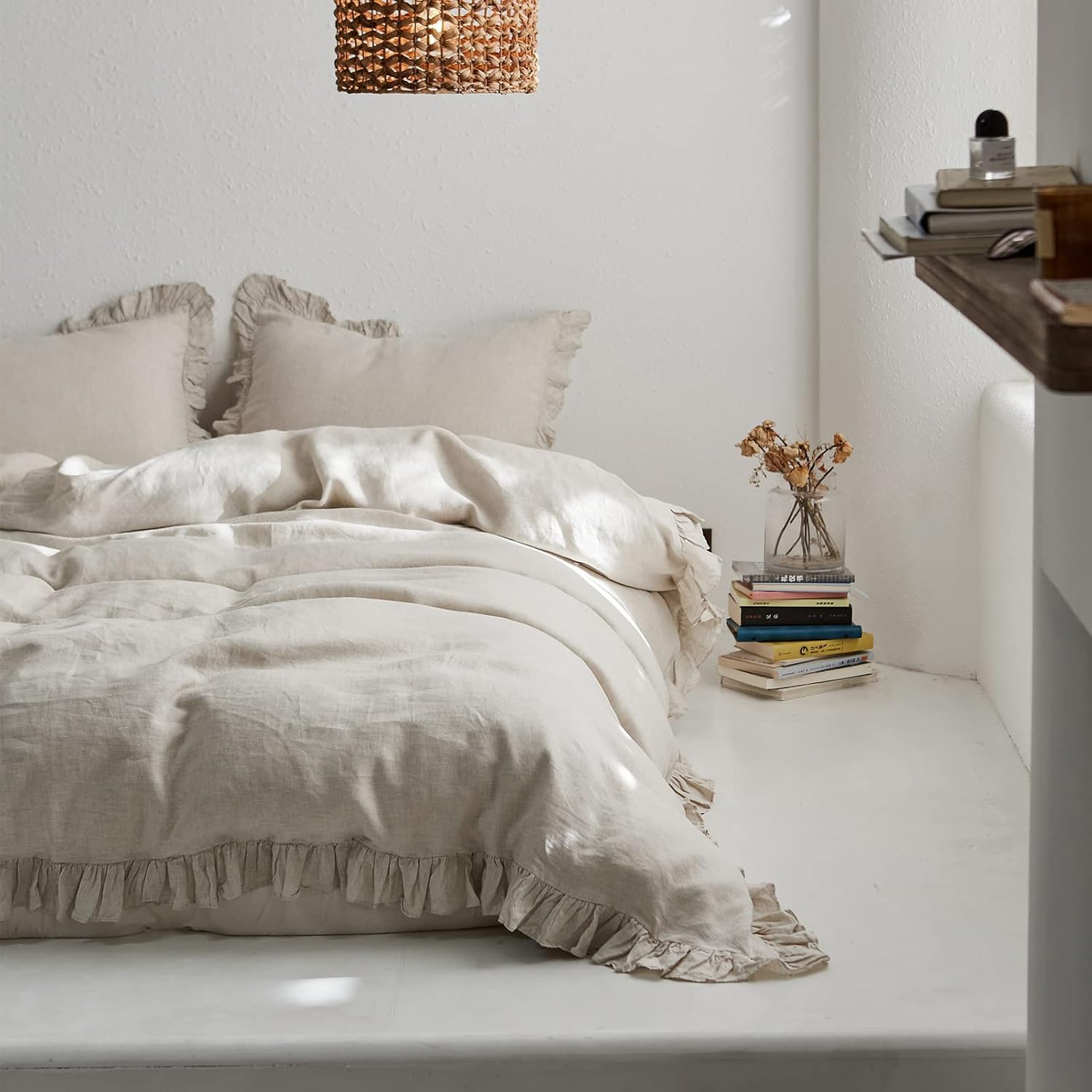 Simple&Opulence – Juego de funda de duvet de 3 piezas tamaño full, 100% lino lavado con volantes, incluye 1 funda de duvet y 2 fundas de almohada