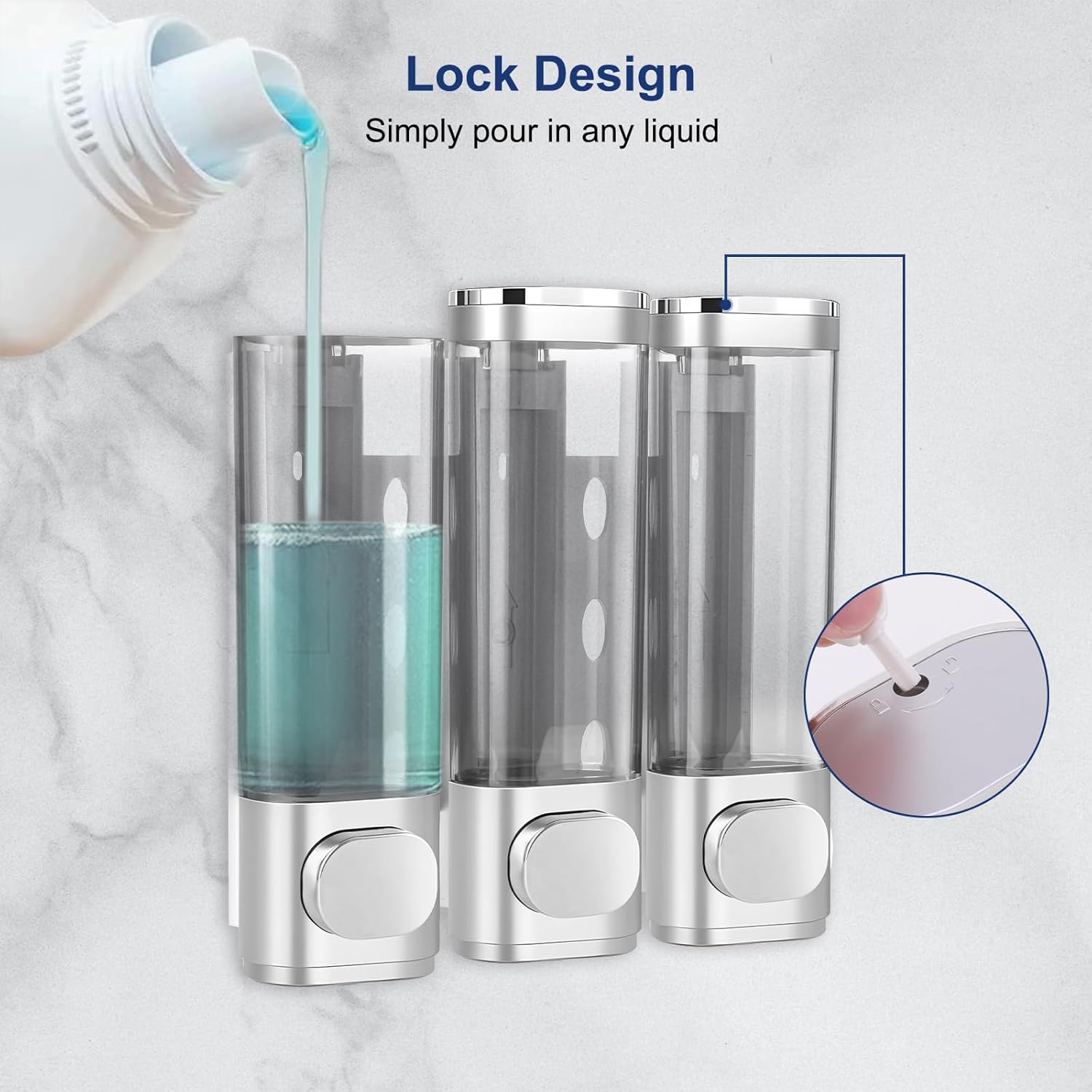 6pcs Shampoo and Conditioner Dispenser No Drill Shower soap Dispenser Wall Mounted 3 Chamber for Bathroom, Kitchen,Hotel Pumps are Easy to use No