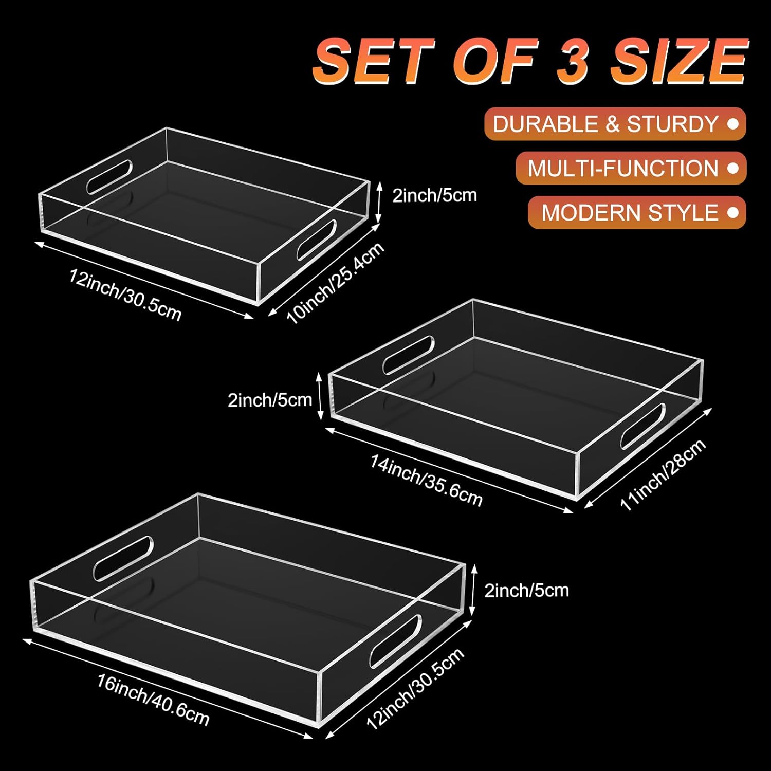 meekoo Bandeja de acrílico transparente para servir de 16 pulgadas, 14 pulgadas, 12 pulgadas, bandeja de desayuno, bandeja rectangular a prueba de