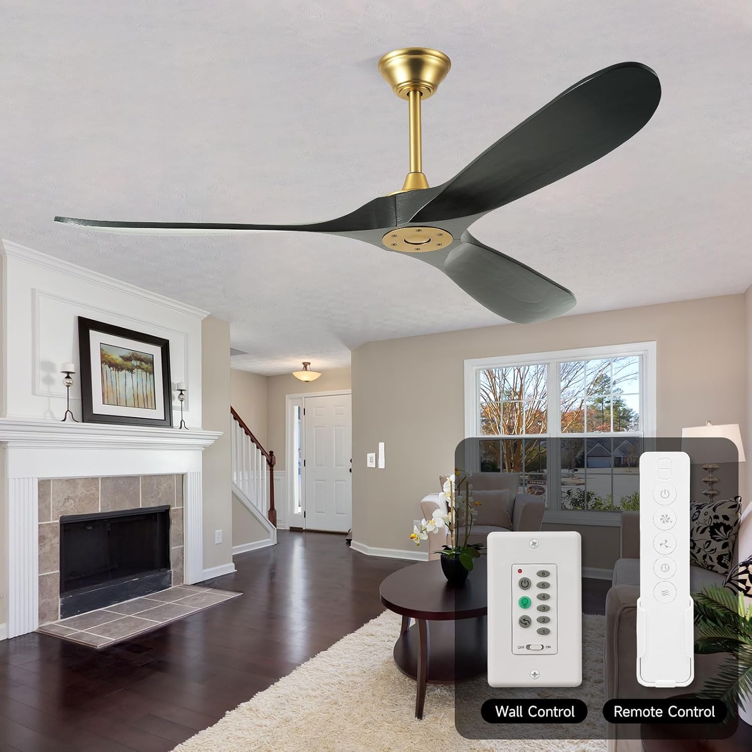 YZEENM 52 Inch Black and Gold Ceiling Fan with Wall Control Switch and Remote Control, Modern Outdoor Ceiling Fans No Lights, 3 Blade Wood Propeller
