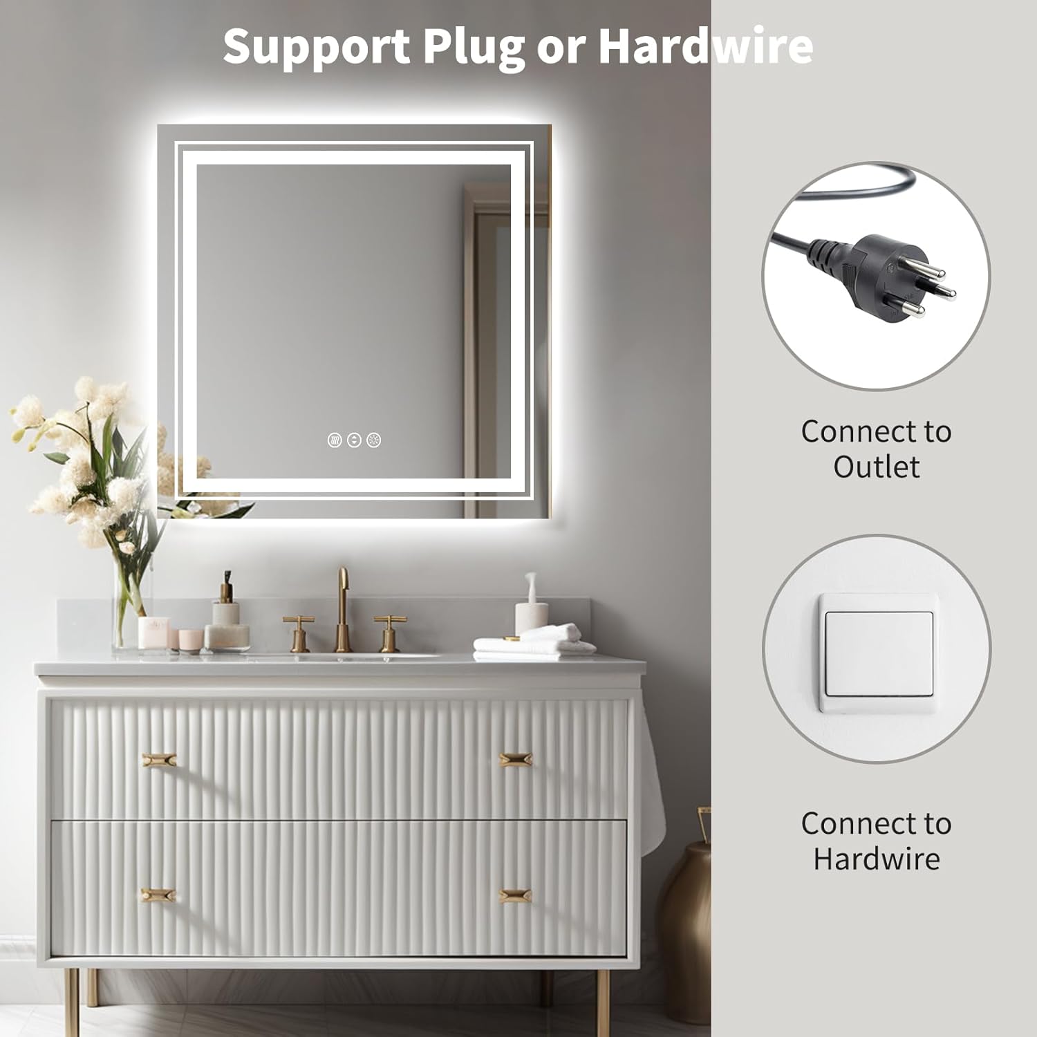 Espejo de baño LED de 32 x 32 pulgadas con retroiluminación y luz frontal, espejo LED regulable sin pasos para baño, espejo de tocador de baño con