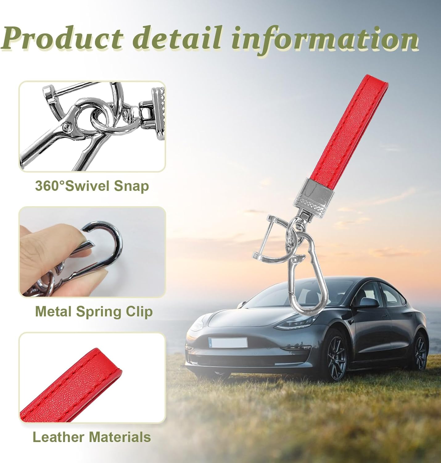 Llavero de cuero de microfibra para automóvil, giratorio de 360 grados, con anillo en D antipérdida, llavero y destornillador (rojo y plateado)