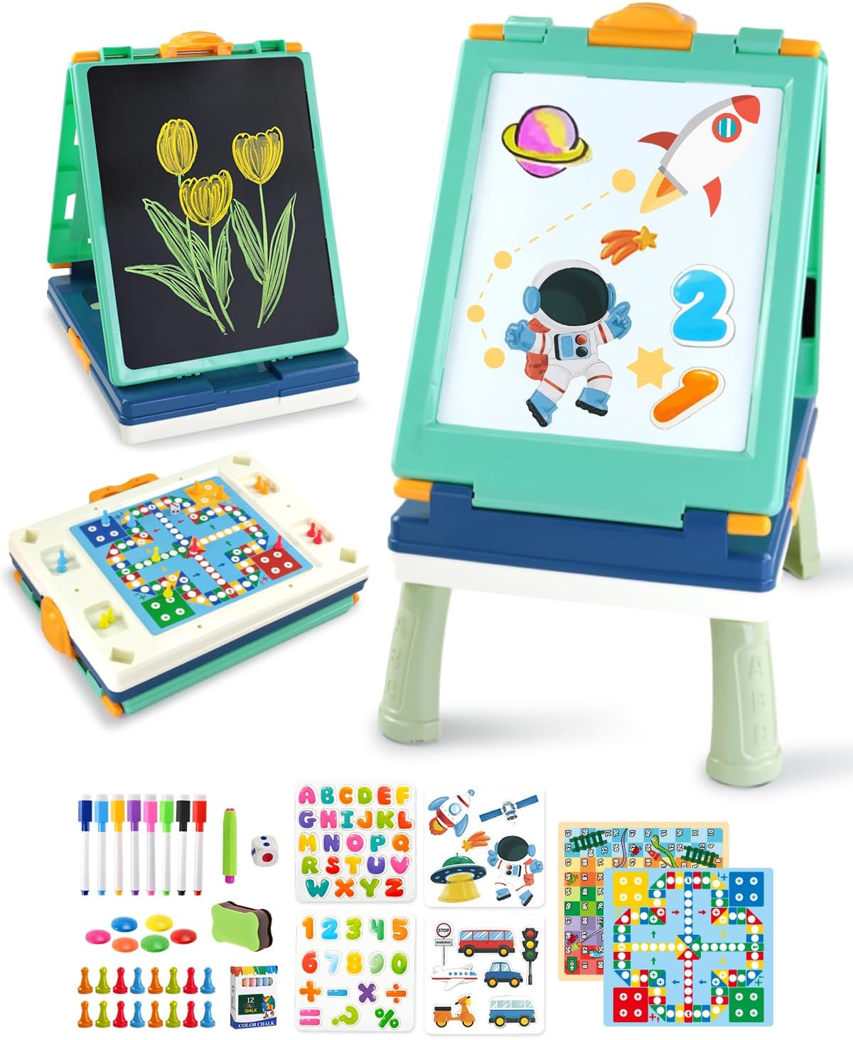 Elovien Caballete para niños, caballete de mesa para niños pequeños, caballete de arte plegable 4 en 1 de doble cara para niños con pizarra y