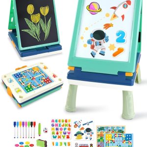 Elovien Caballete para niños, caballete de mesa para niños pequeños, caballete de arte plegable 4 en 1 de doble cara para niños con pizarra y Elovien Caballete para niños, caballete de mesa para niños pequeños, caballete de arte plegable 4 en 1 de doble cara para niños con pizarra y