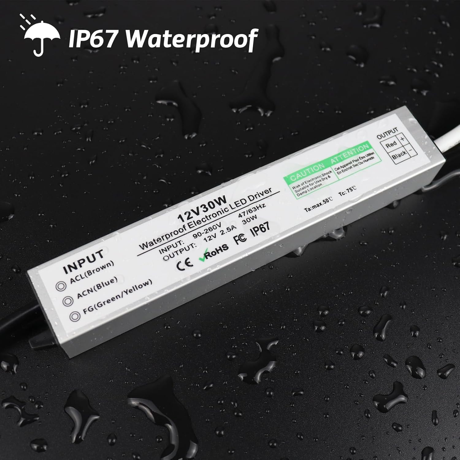 Fuente de alimentación LED de 12 V 30 W, controlador LED IP67 impermeable, transformador LED con enchufe de 3.3 pies de cable para luz LED, proyecto